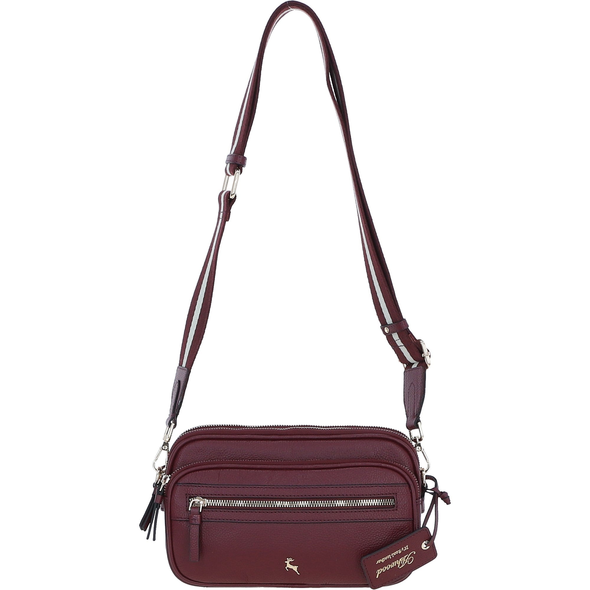 Compact Twin Zip Ashwood Leather Crossbody Bag Wine: X-35