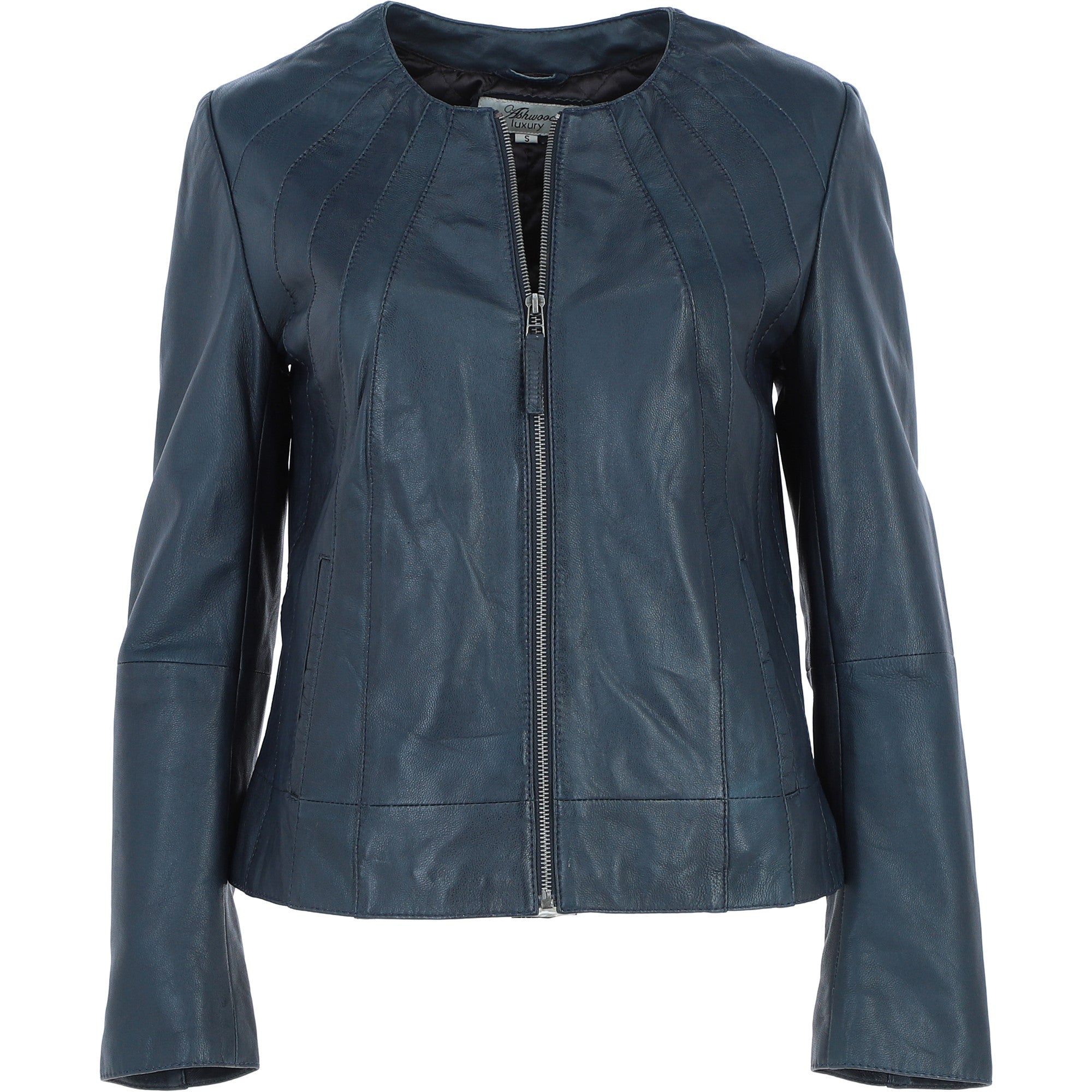 Womens Collarless Leather Jacket Navy/nap: AWL-280