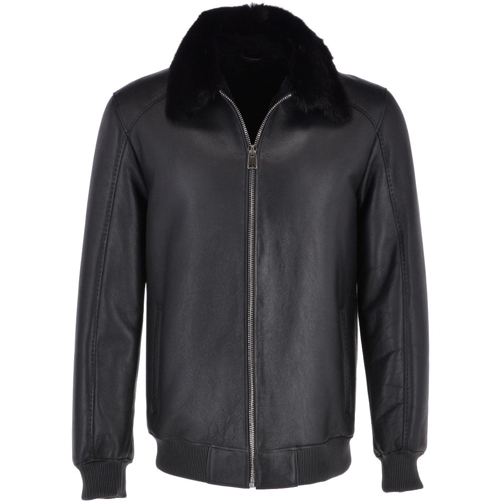 Luxury  Sheepskin Pilot Bomber Jacket With A Mink Collar  Black: MP 41