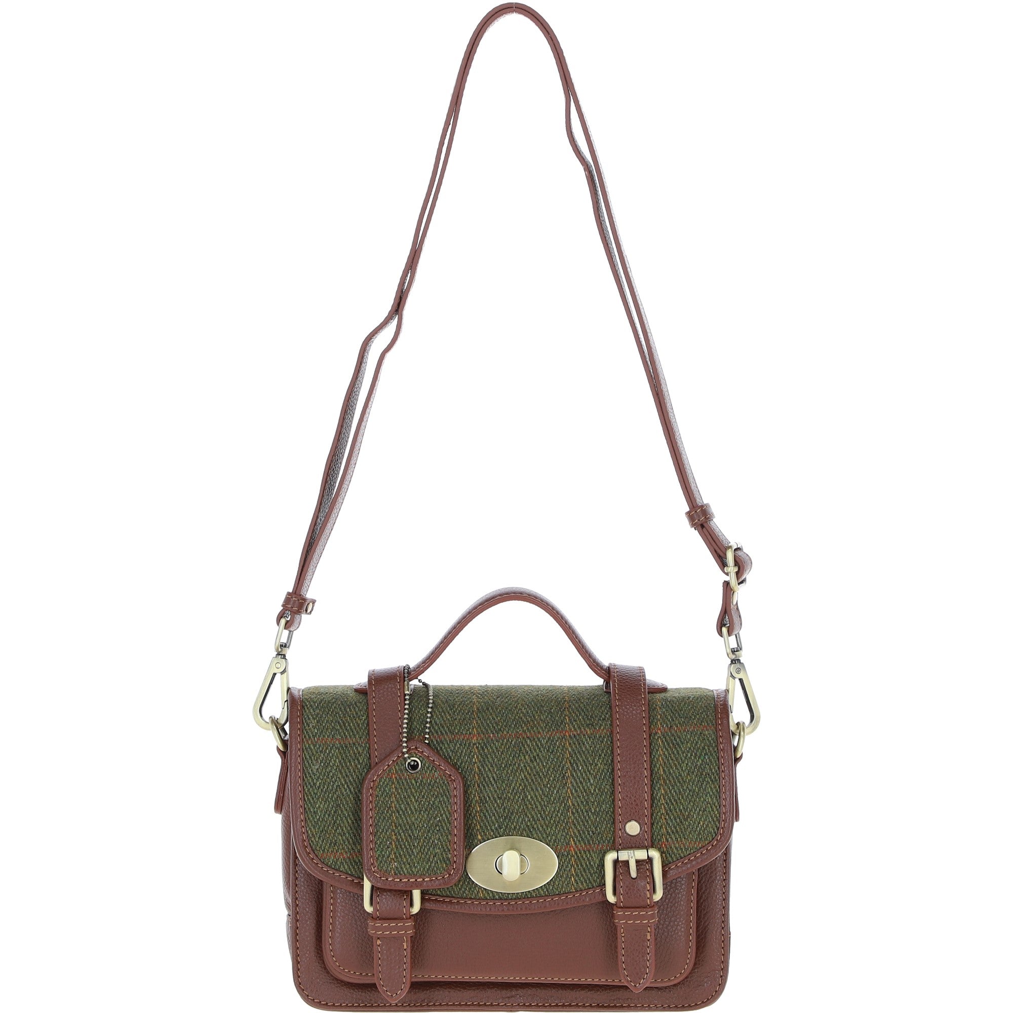 Ashwood Leather & Tweed Medium Satchel Bag with Twist Lock Tan/Green Check: TW-34-010-TGNH