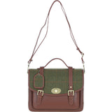 Ashwood Leather & Tweed Large Satchel Bag with Twist Lock Tan/Green Check: TW-35-10-TGNH