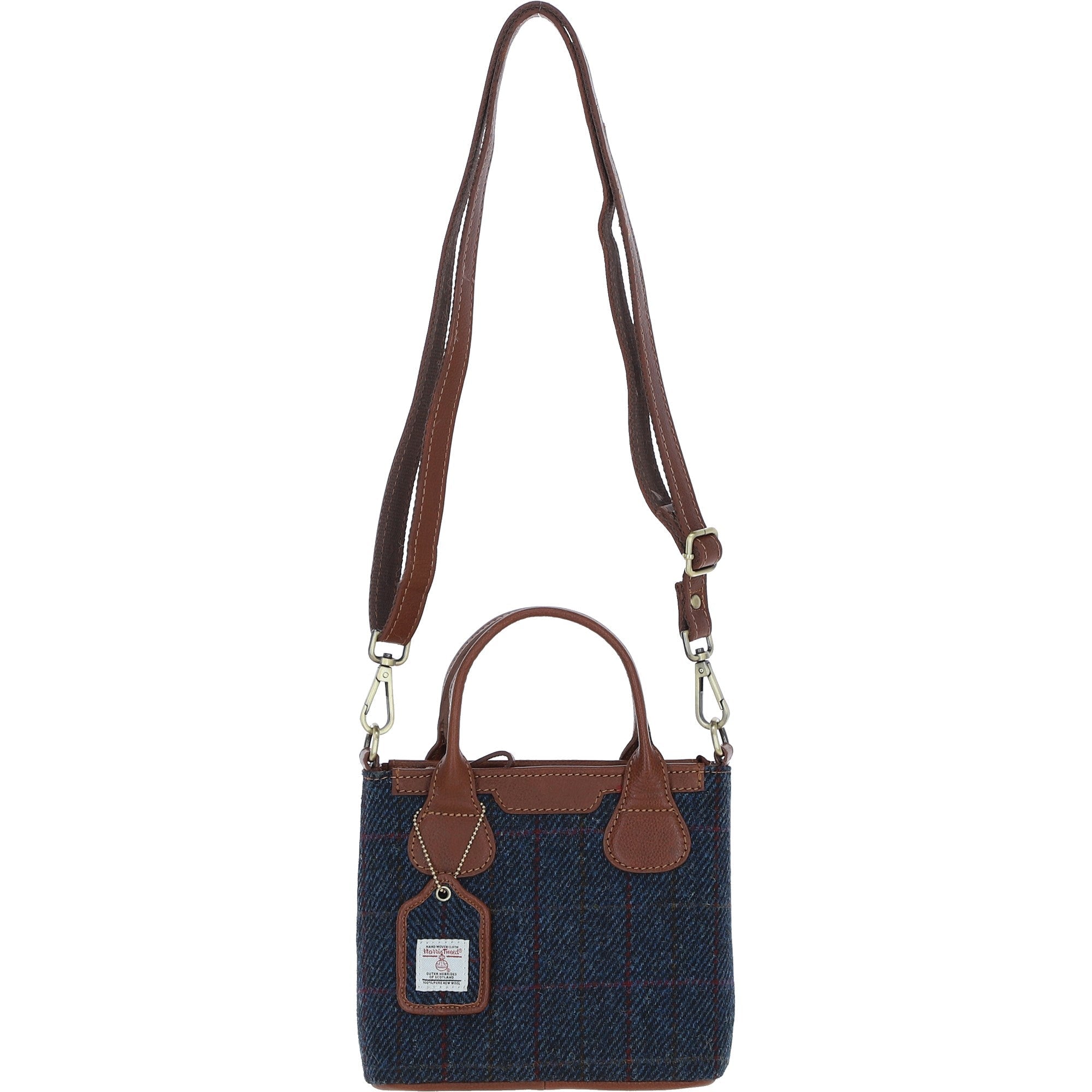 Ashwood Leather & Harris Tweed® Cloth Handbag with Removable Crossbody Strap Tan/Navy: TW-21-011-TN