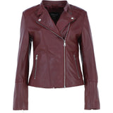 Real Leather Ladies Biker Jacket with Mandarin Collar Burgundy: AWL-N32