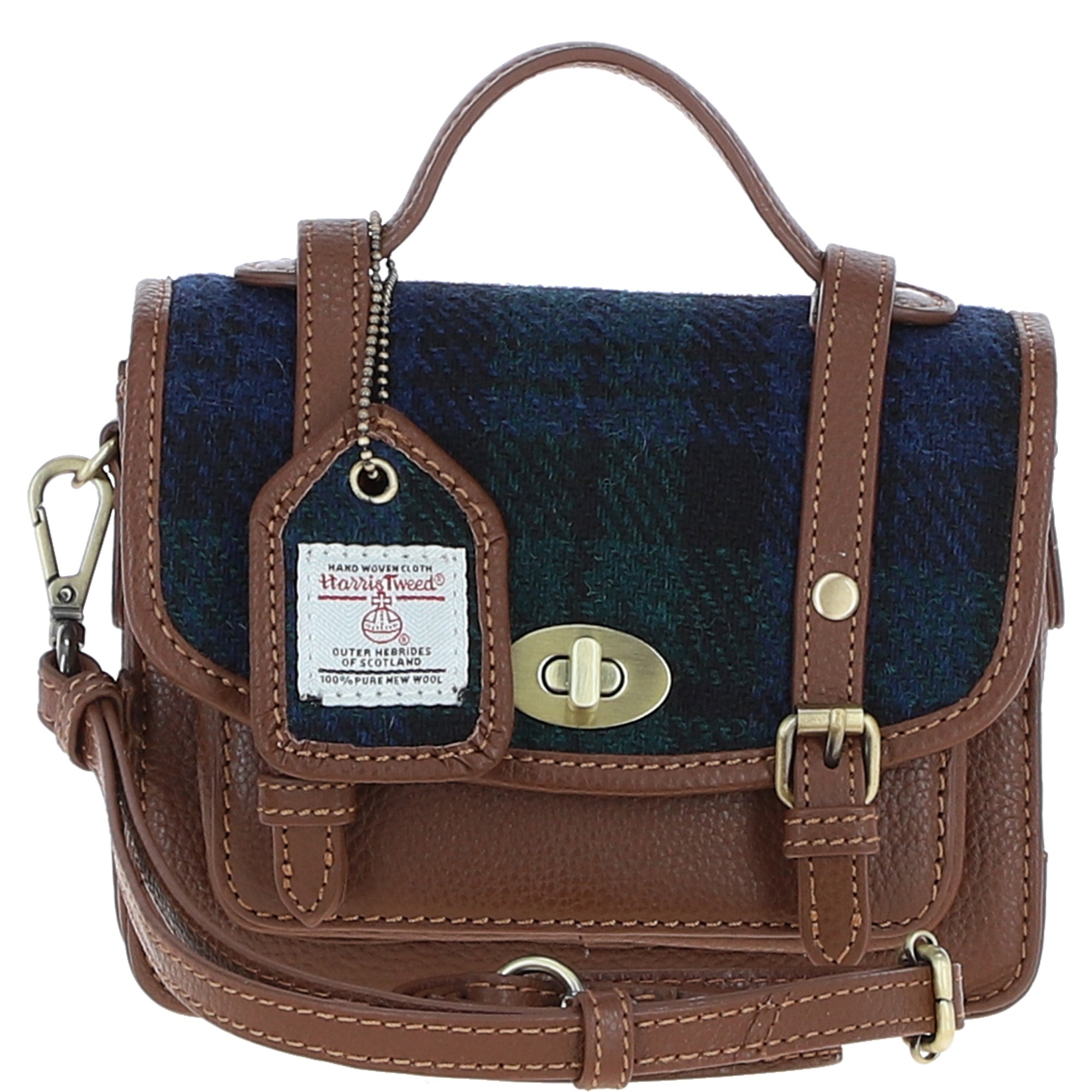 Ashwood Leather & Harris Tweed® Cloth Mini Satchel Bag with Twist Lock Tan/Watch: TW-32-04-TW