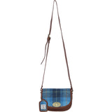 Ashwood Leather & Harris Tweed® Cloth Saddle Crossbody Bag with Twist Lock Tan/LT Blue: TW-30-05-TB