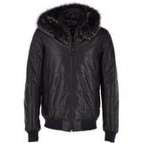 Men's Leather Hooded Bomber Jacket Dark Blue: 1160