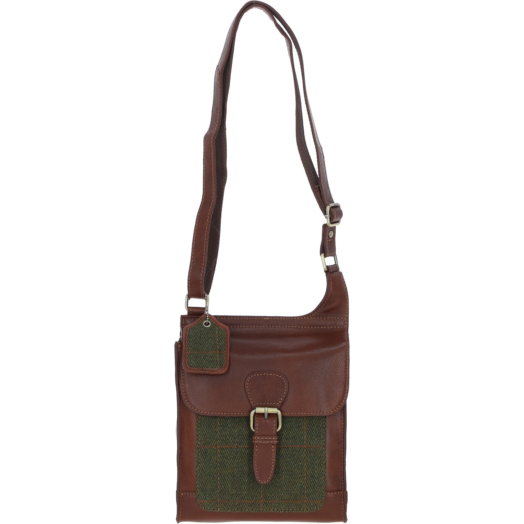 Ashwood Leather & Tweed Crossbody Bag Tan/Green Check: TW-24-010-TGNH