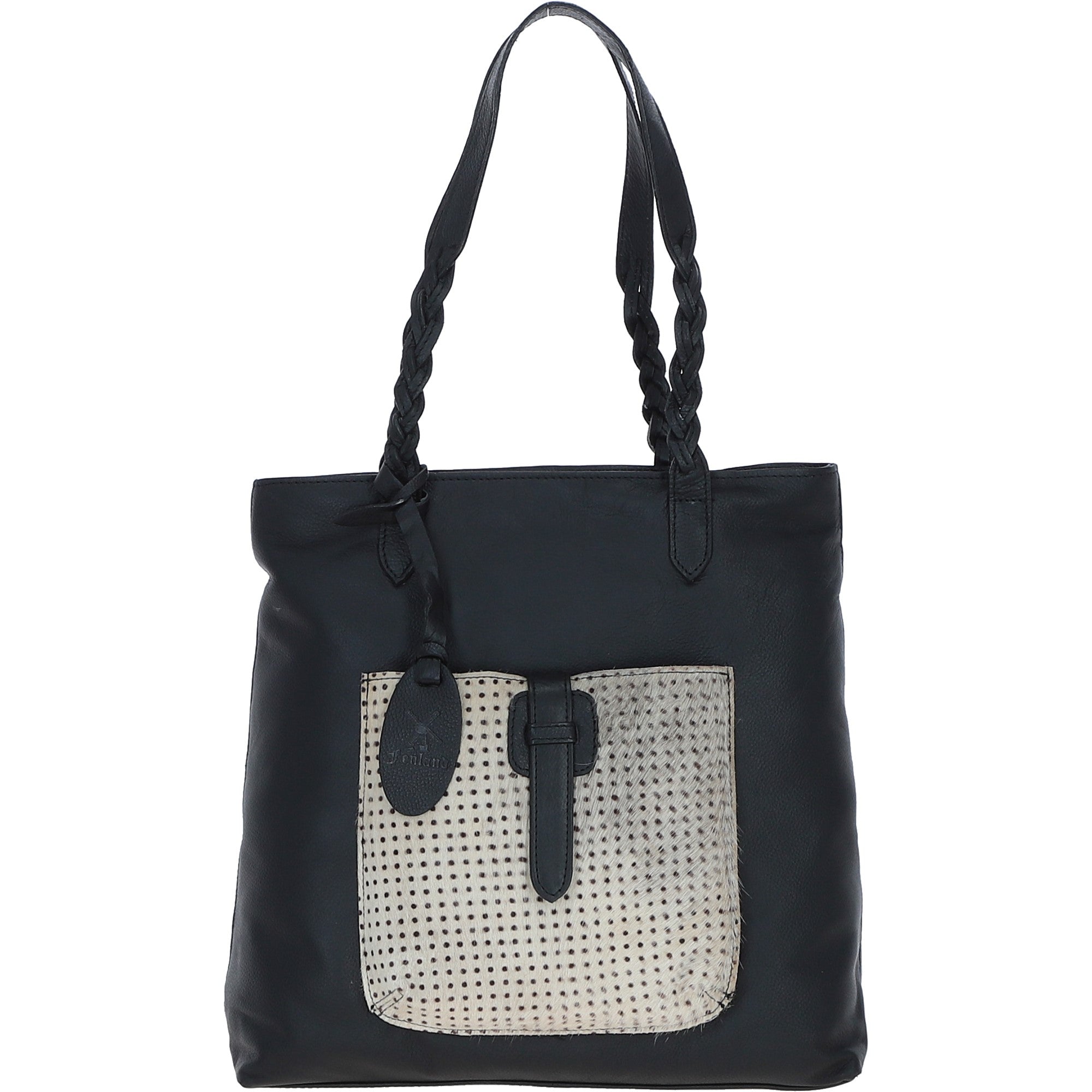 Black Leather Shoulder Bag with Polka Dot Print Pocket: ELA 1128