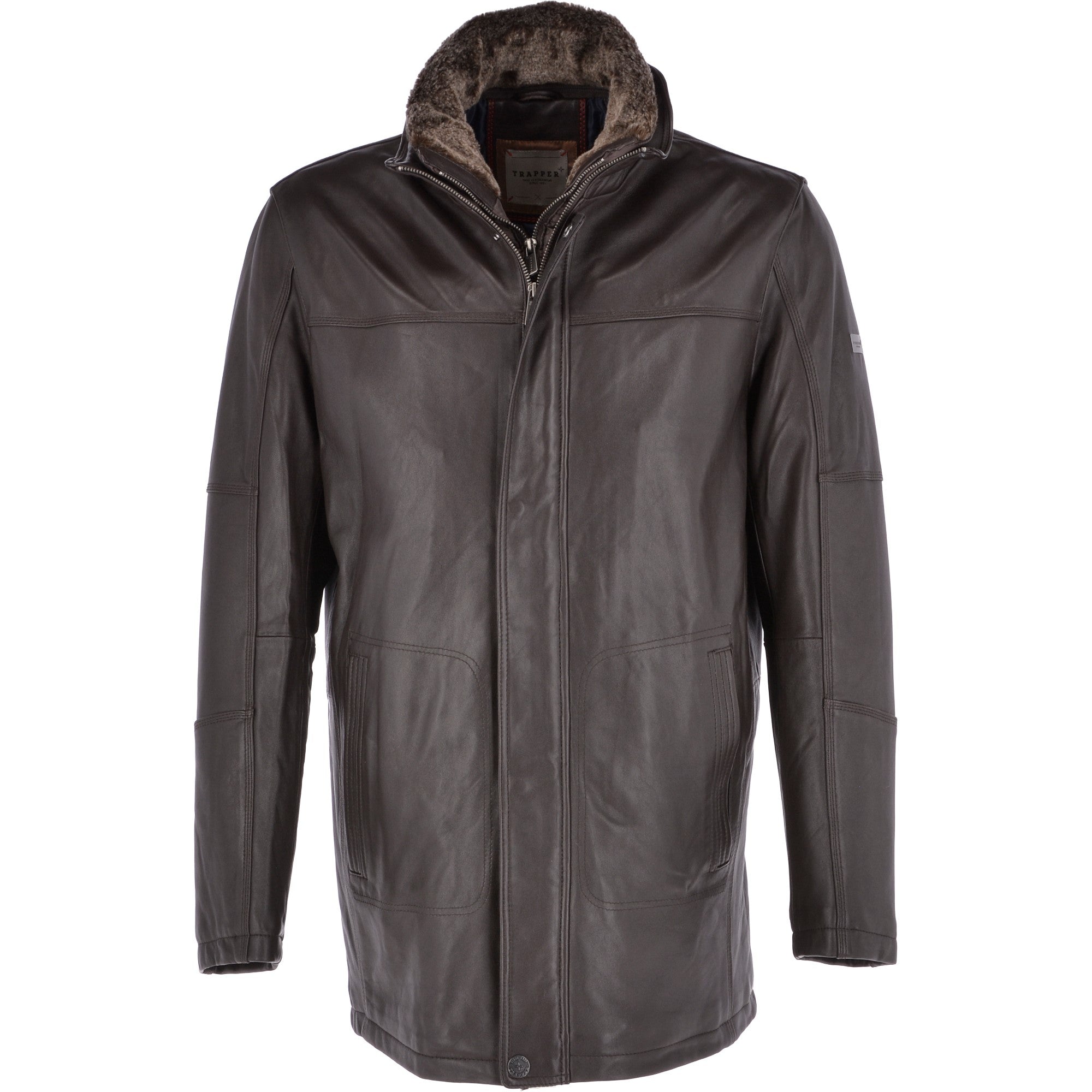 Mens Leather Coat With Detachable Collar Brown : Carl