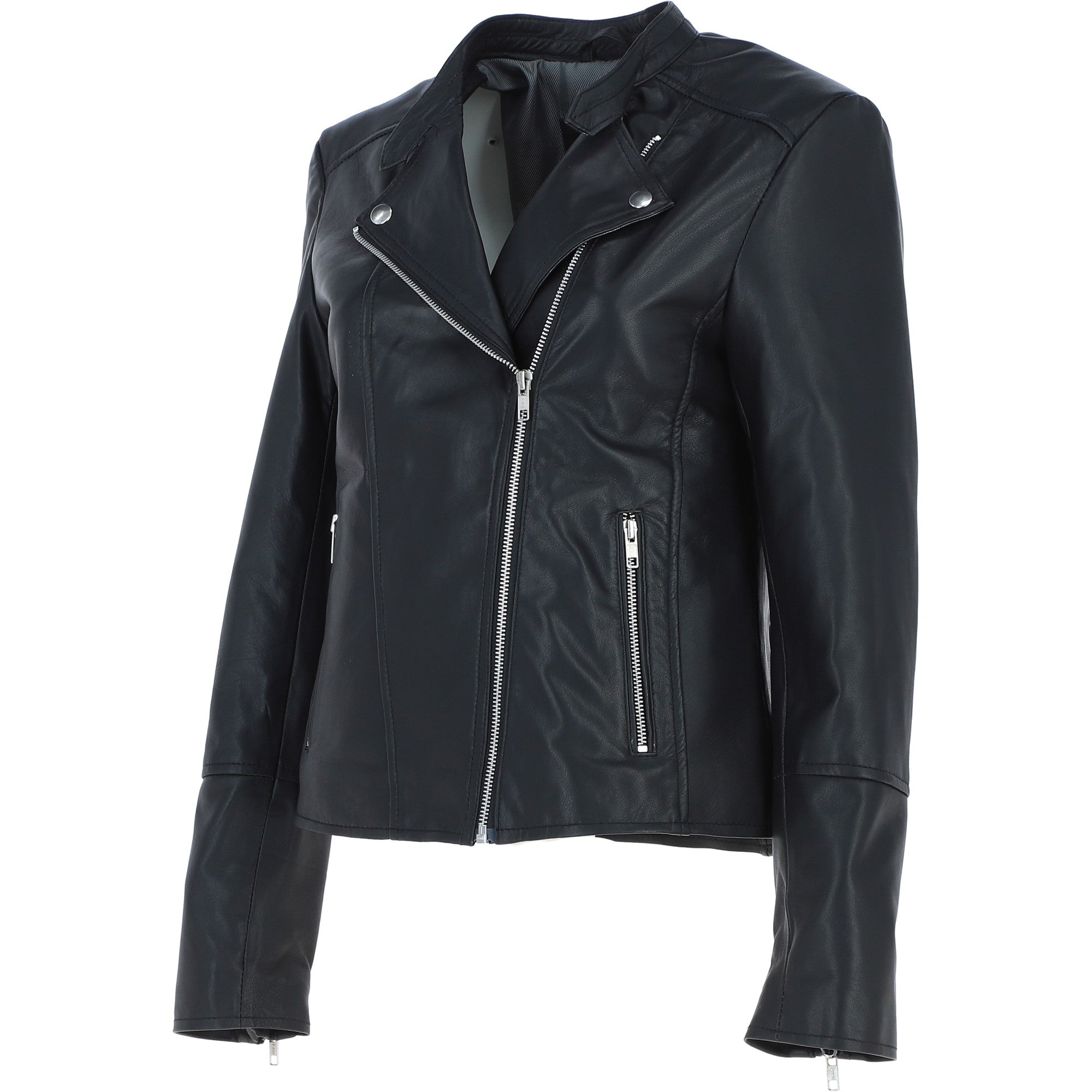 Real Leather Ladies Biker Jacket with Mandarin Collar Black: AWL-N32