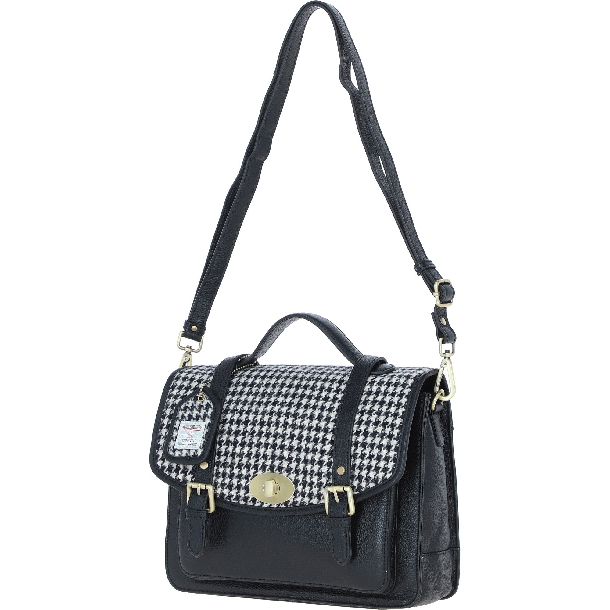 Ashwood Leather & Harris Tweed® Cloth Large Satchel Bag with Twist Lock Black/White: TW-35-12-BW