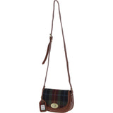 Ashwood Leather & Harris Tweed® Cloth Saddle Crossbody Bag with Twist Lock Tan/Green/Red: TW-30-08-TR