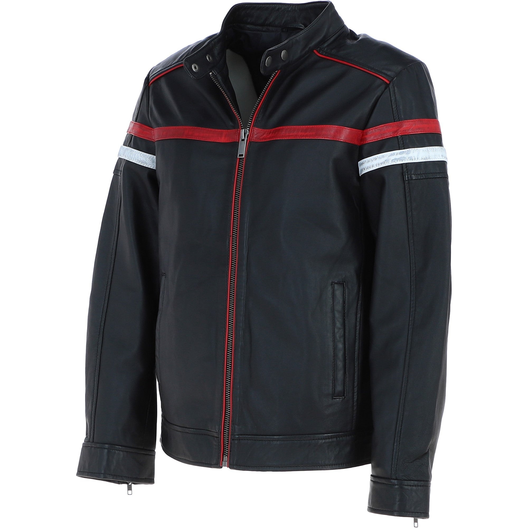 Ashwood Men's Leather Biker Jacket with Red Stripe Black: AWM-BOXER