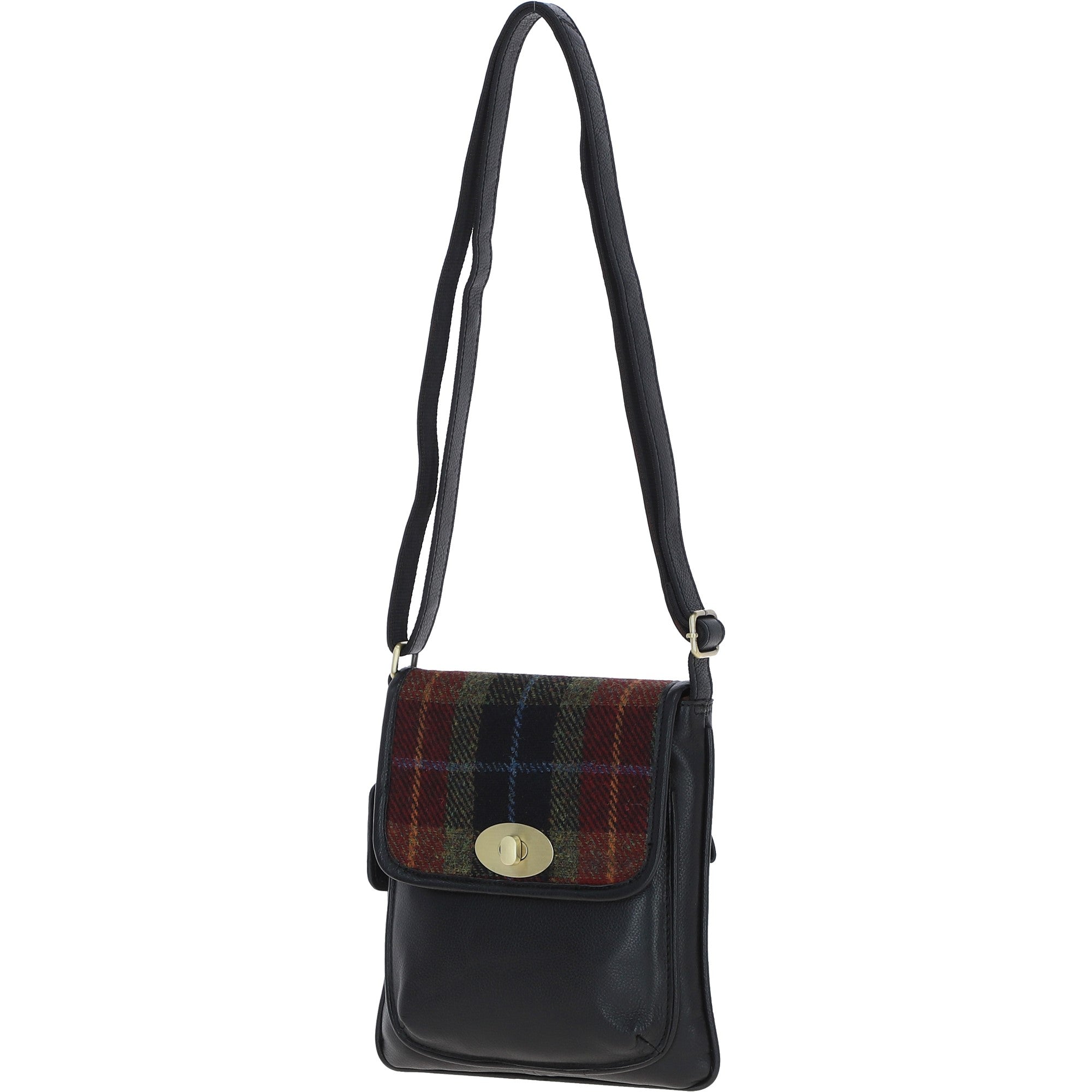 Ashwood Leather & Harris Tweed® Cloth Twist Lock Crossbody Bag Black/Green/Red: TW-31-07-BR