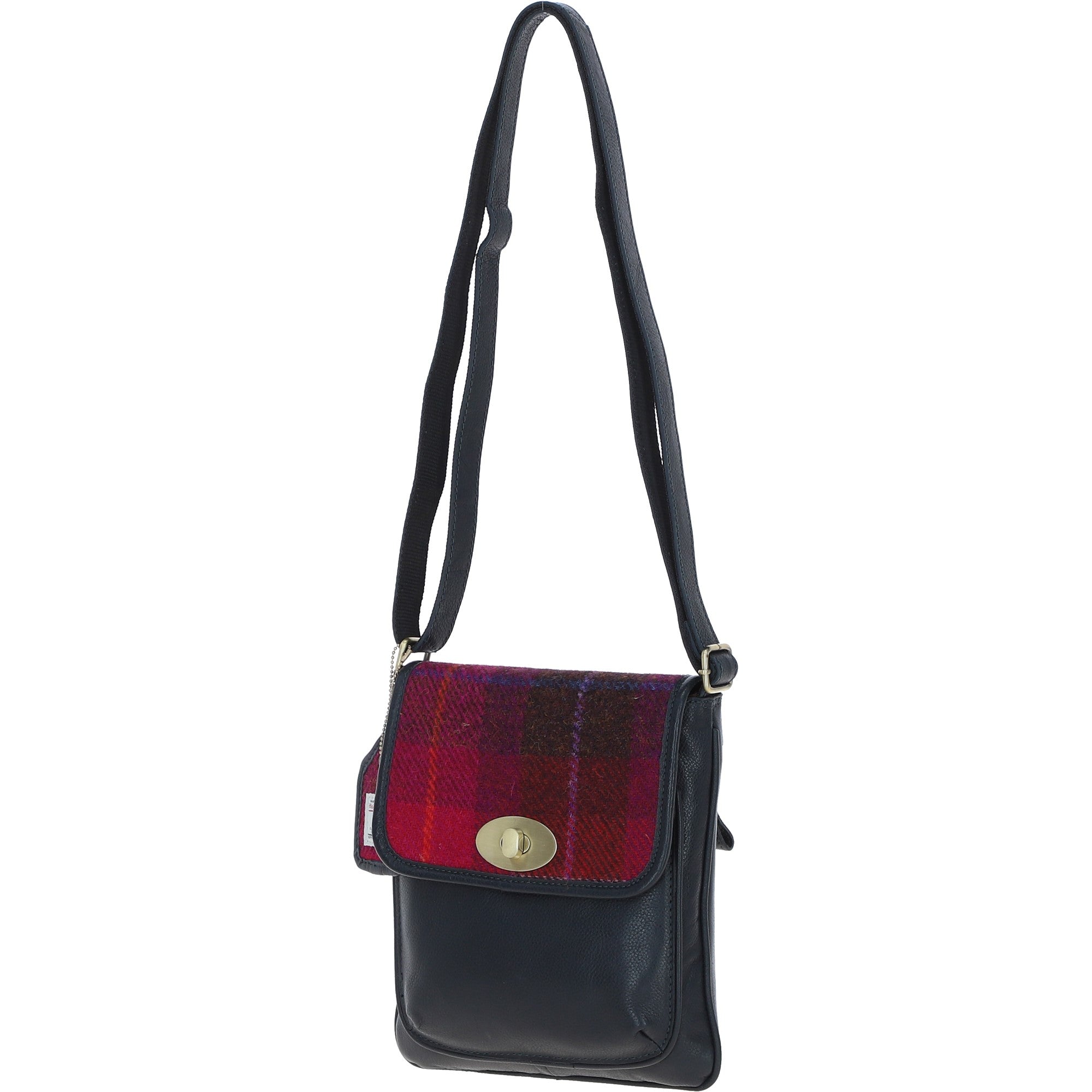Ashwood Leather & Harris Tweed® Cloth Twist Lock Crossbody Bag Navy/Pink: TW-31-06-NP