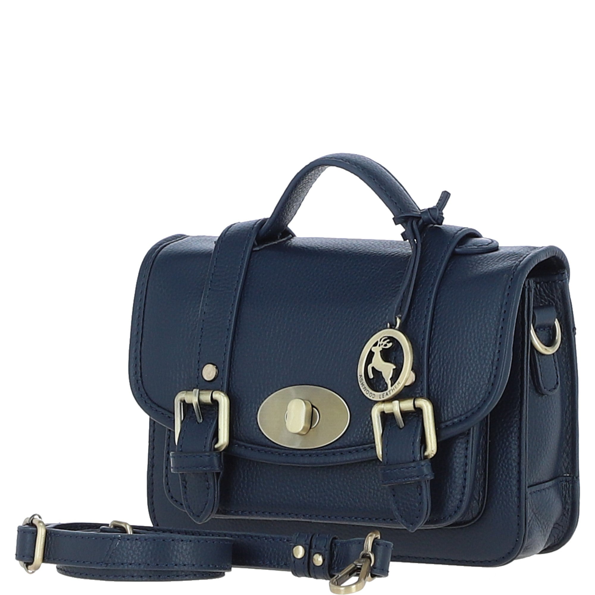Stylish Ashwood Leather Medium Satchel Bag Navy: Y-62