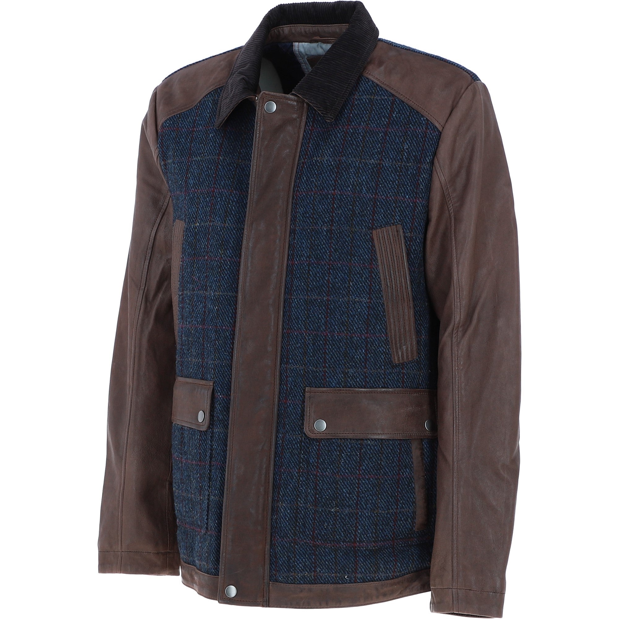 Ashwood Leather x Harris Tweed Men's Buff Lamb Leather Jacket with Corduroy Collar Brown/Navy: TW-903-011-BN