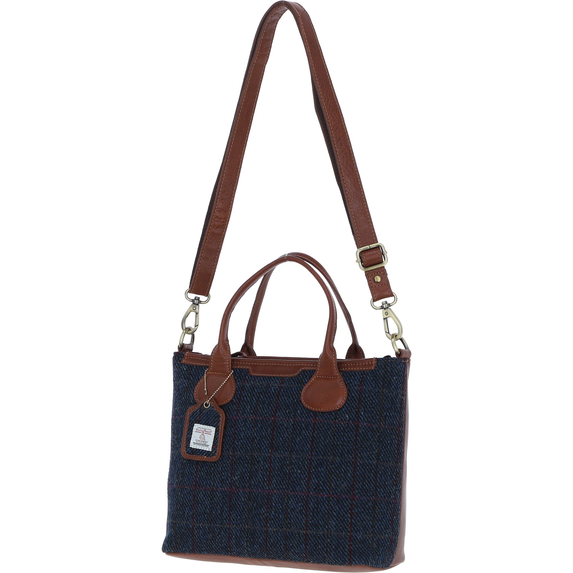 Versatile Ashwood Leather & Harris Tweed® Cloth Shoulder Bag Tan/Navy: TW-22-011-TN