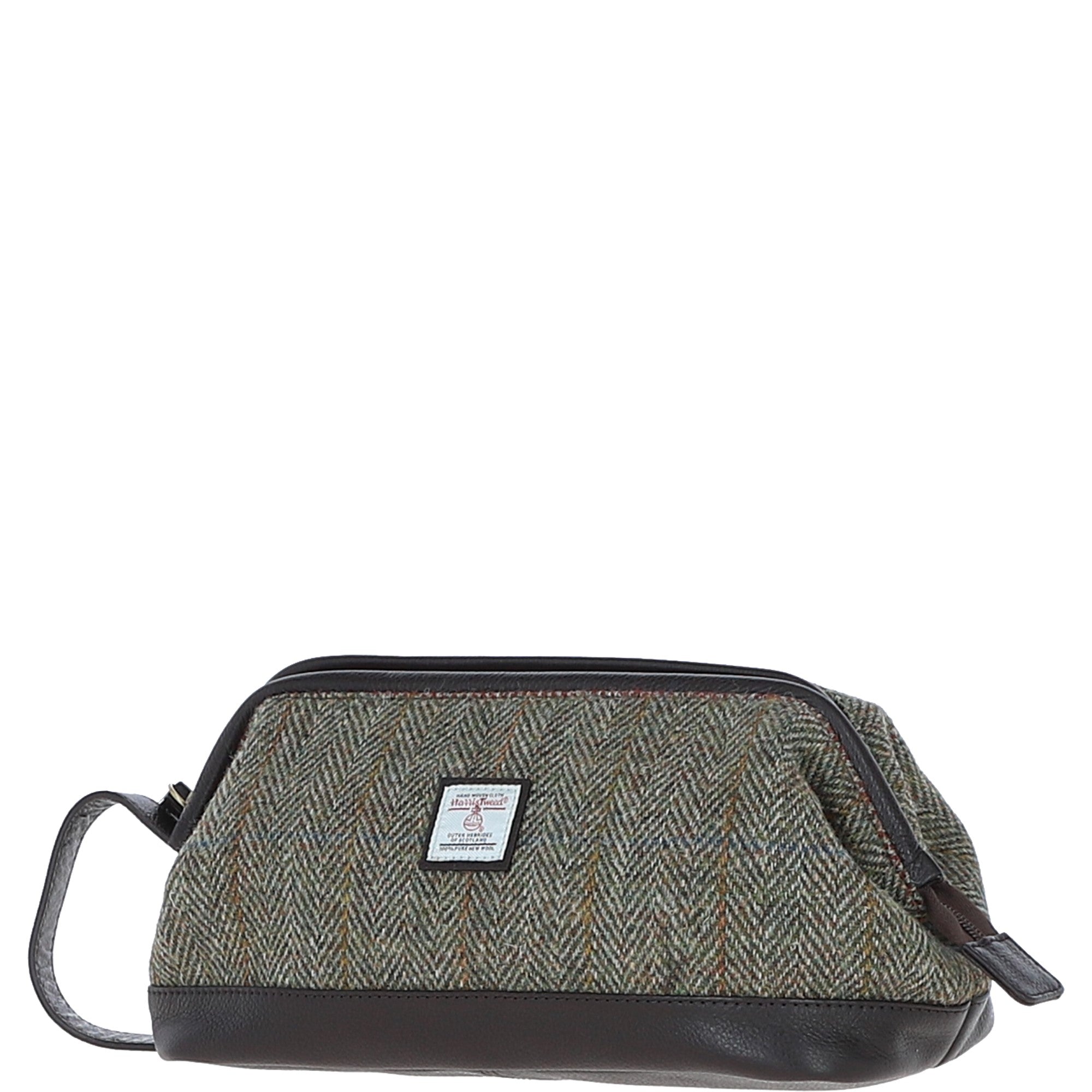 Ashwood Leather & Harris Tweed® Cloth Unisex Washbag Brown/Green: TW-40-09-BG