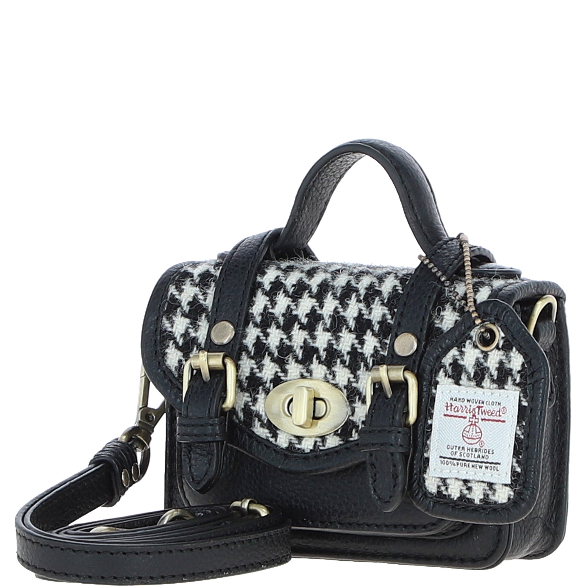 Ashwood Leather & Harris Tweed® Cloth Micro Satchel Bag with Twist Lock Black/White:TW-36-12-BW