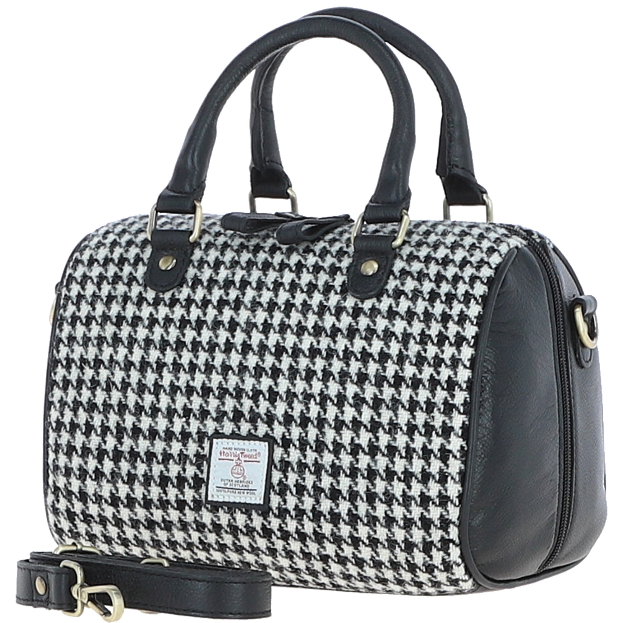 Ashwood Leather & Harris Tweed® Cloth Medium Barrel Bag Black/White: TW-62-12-BW