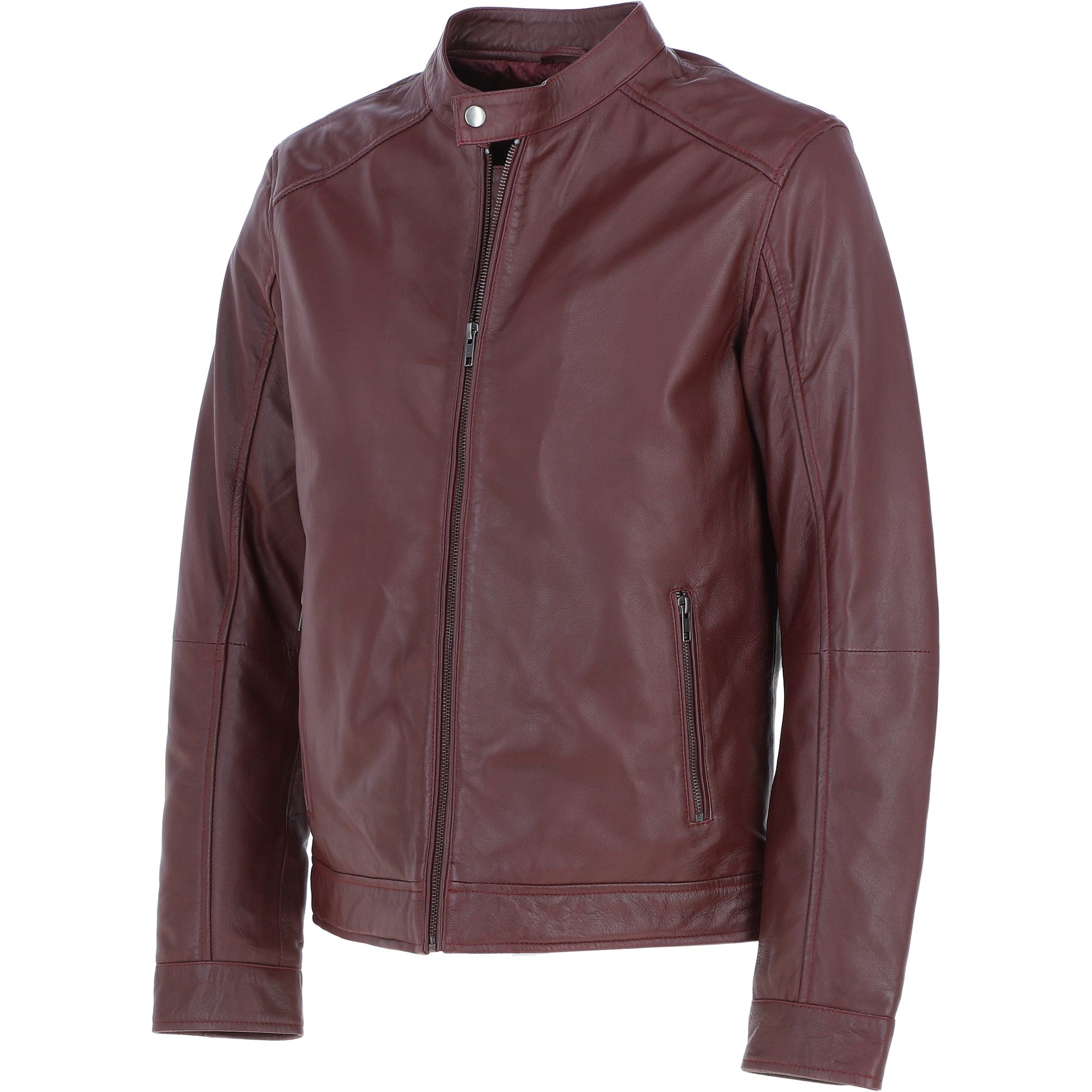 Ashwood Leather Mandarin Collar Biker Jacket Burgundy: AMJ-31