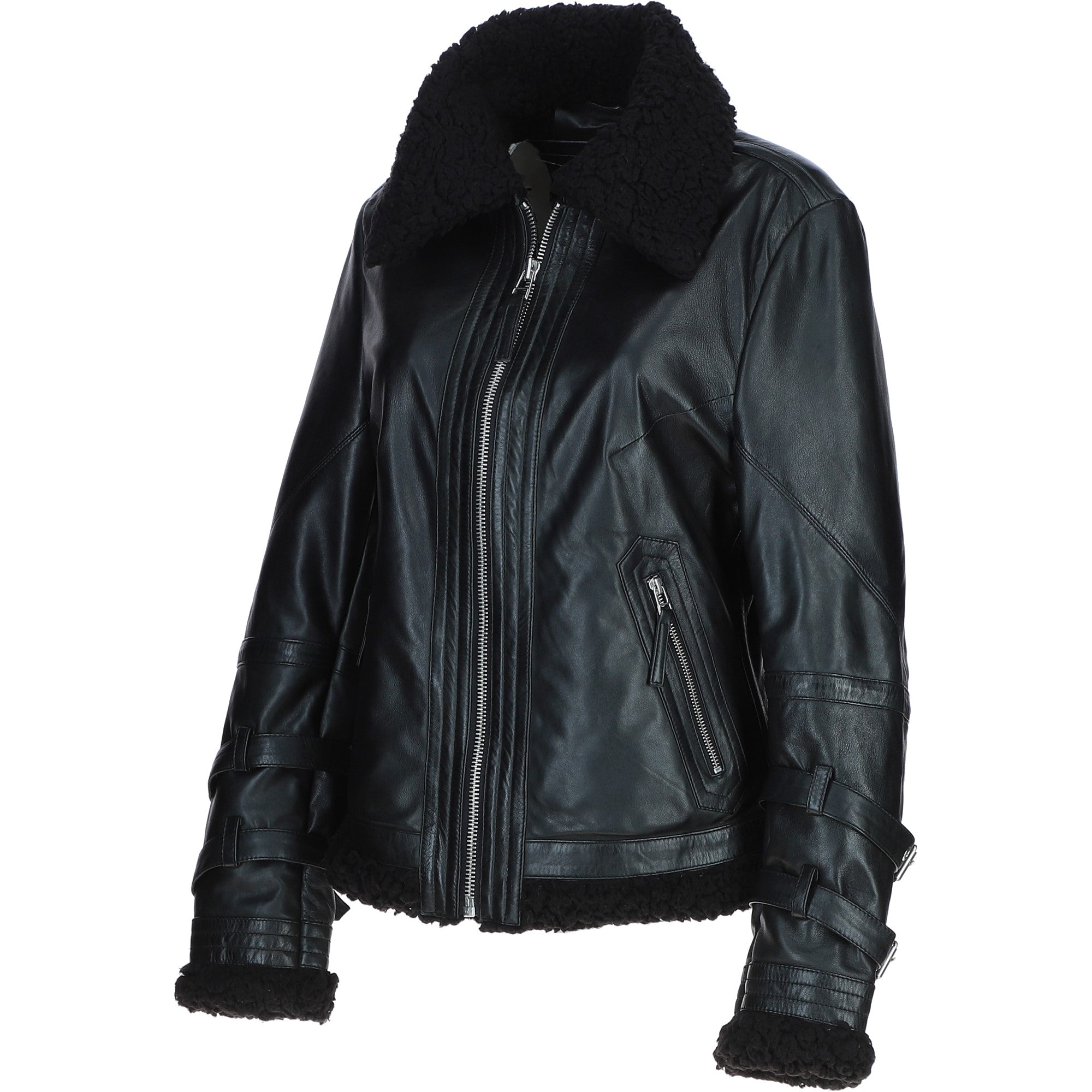 Womens Shearling Biker Jacket Black: 2418