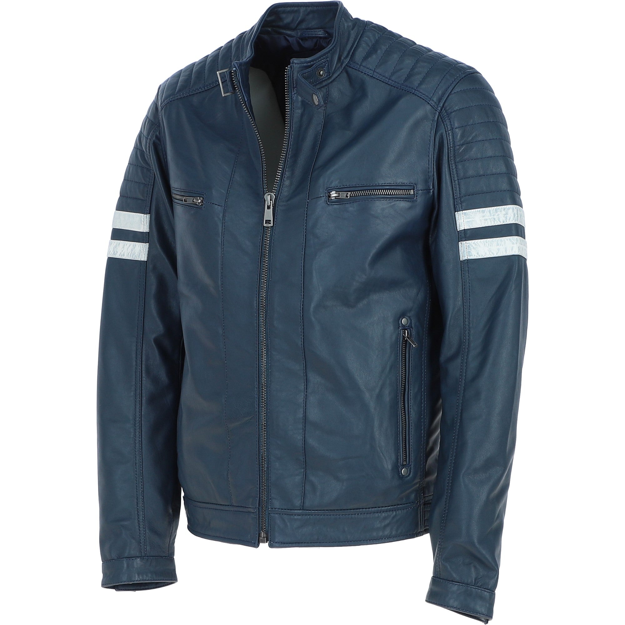 Men's Real Leather Biker Jacket With Stitch Detailings Navy: AWM-NOVA2