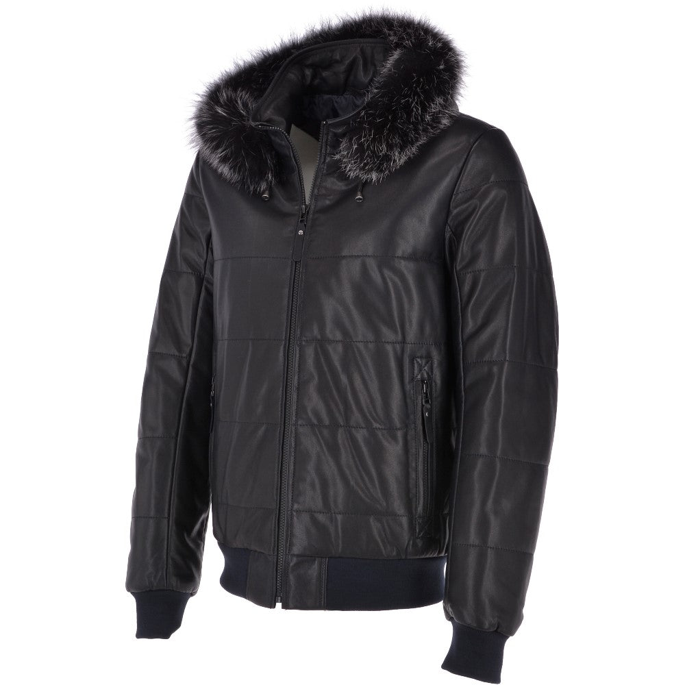 Men's Leather Hooded Bomber Jacket Dark Blue: 1160