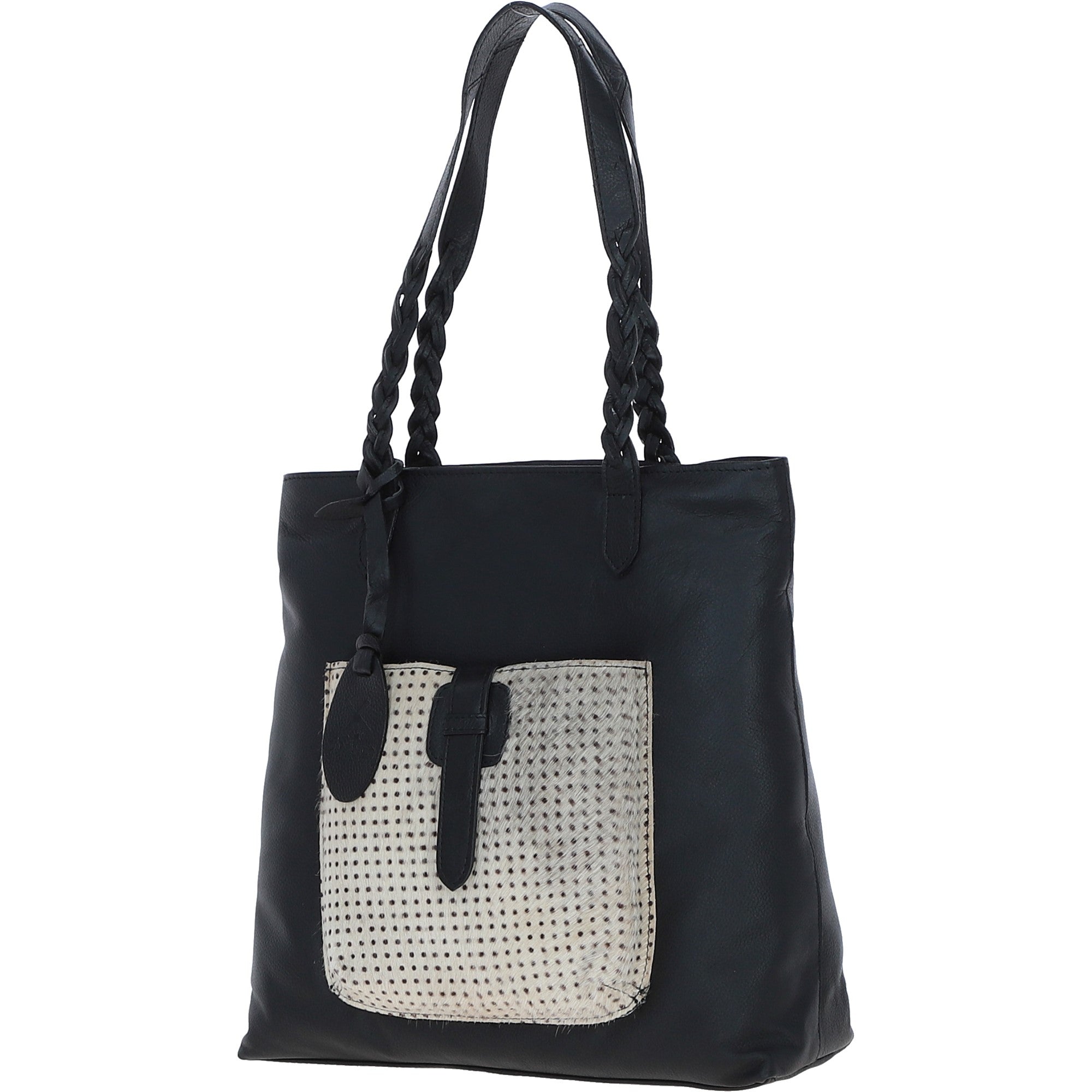 Black Leather Shoulder Bag with Polka Dot Print Pocket: ELA 1128