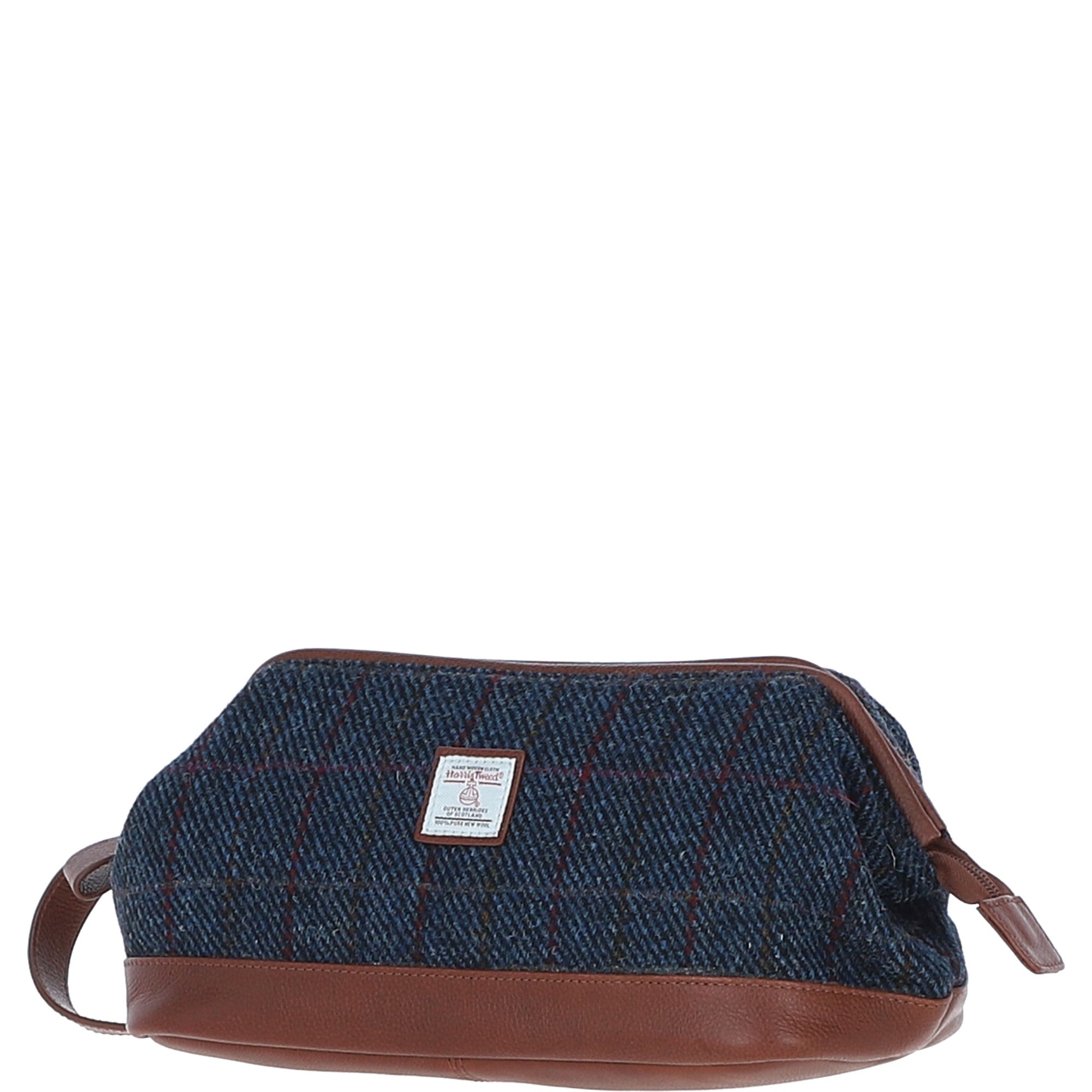 Ashwood Leather & Harris Tweed® Cloth Unisex Washbag Tan/Navy: TW-40-11-TN