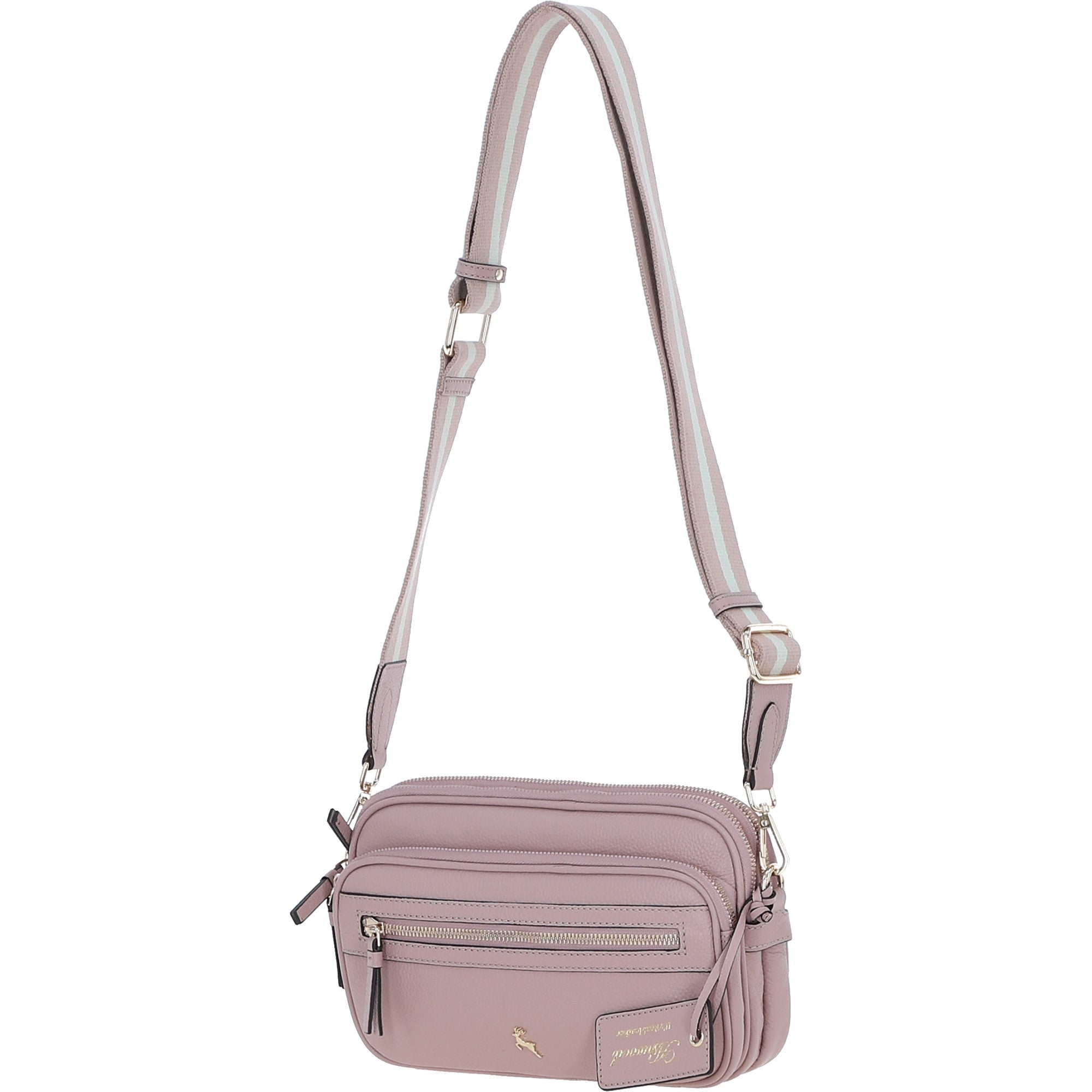 Compact Twin Zip Ashwood Leather Crossbody Bag Wood Rose: X-35