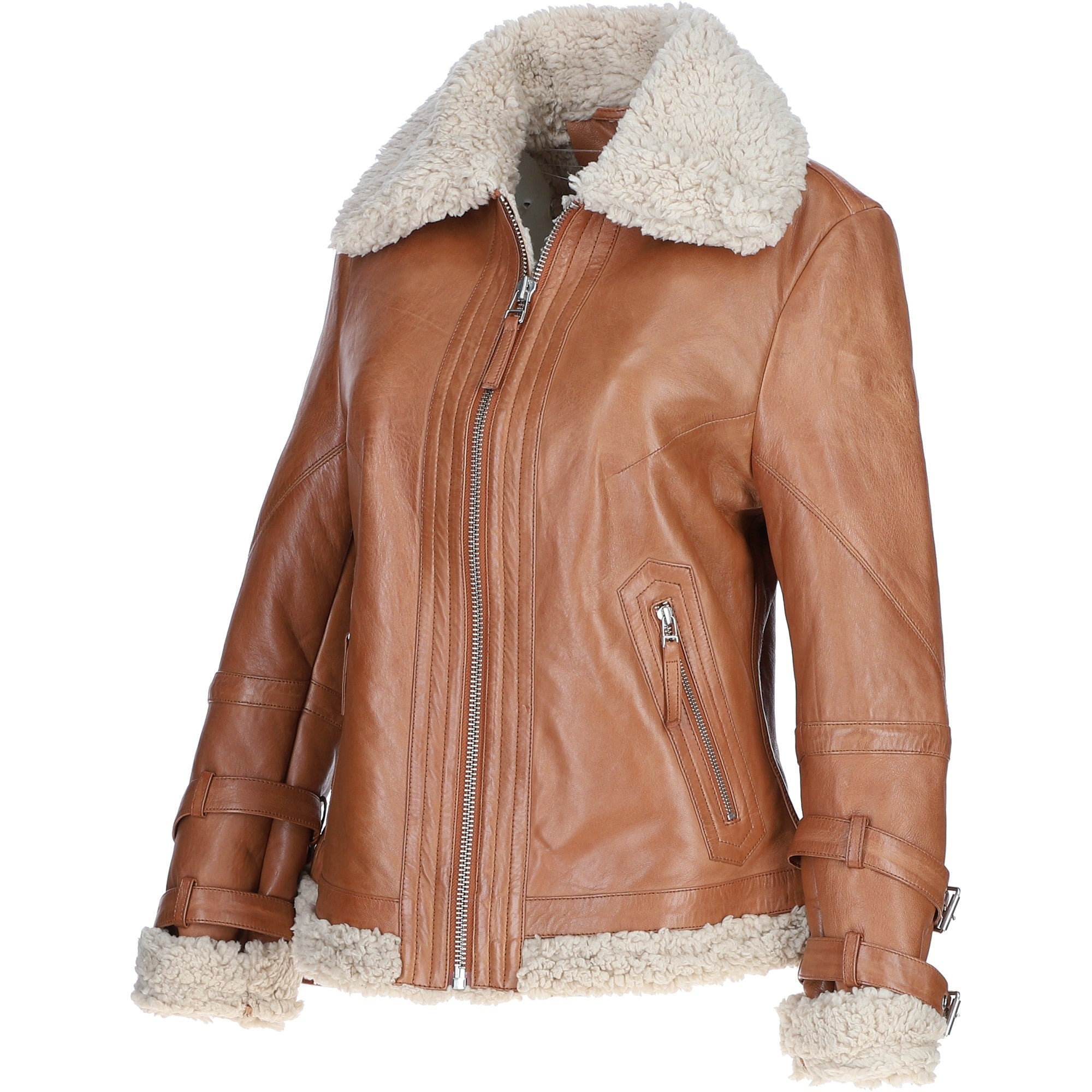 Ladies Sheepskin Aviator Jacket with Faux Fur Lining Cognac: 2419