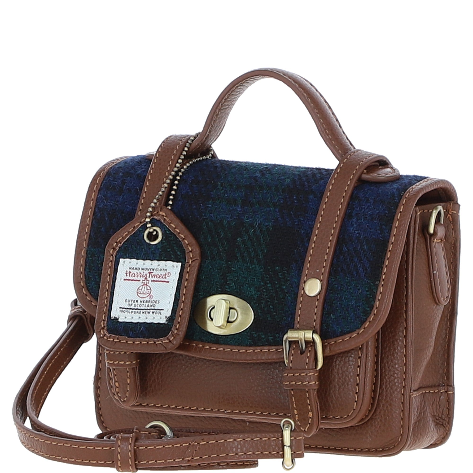 Ashwood Leather & Harris Tweed® Cloth Mini Satchel Bag with Twist Lock Tan/Watch: TW-32-04-TW