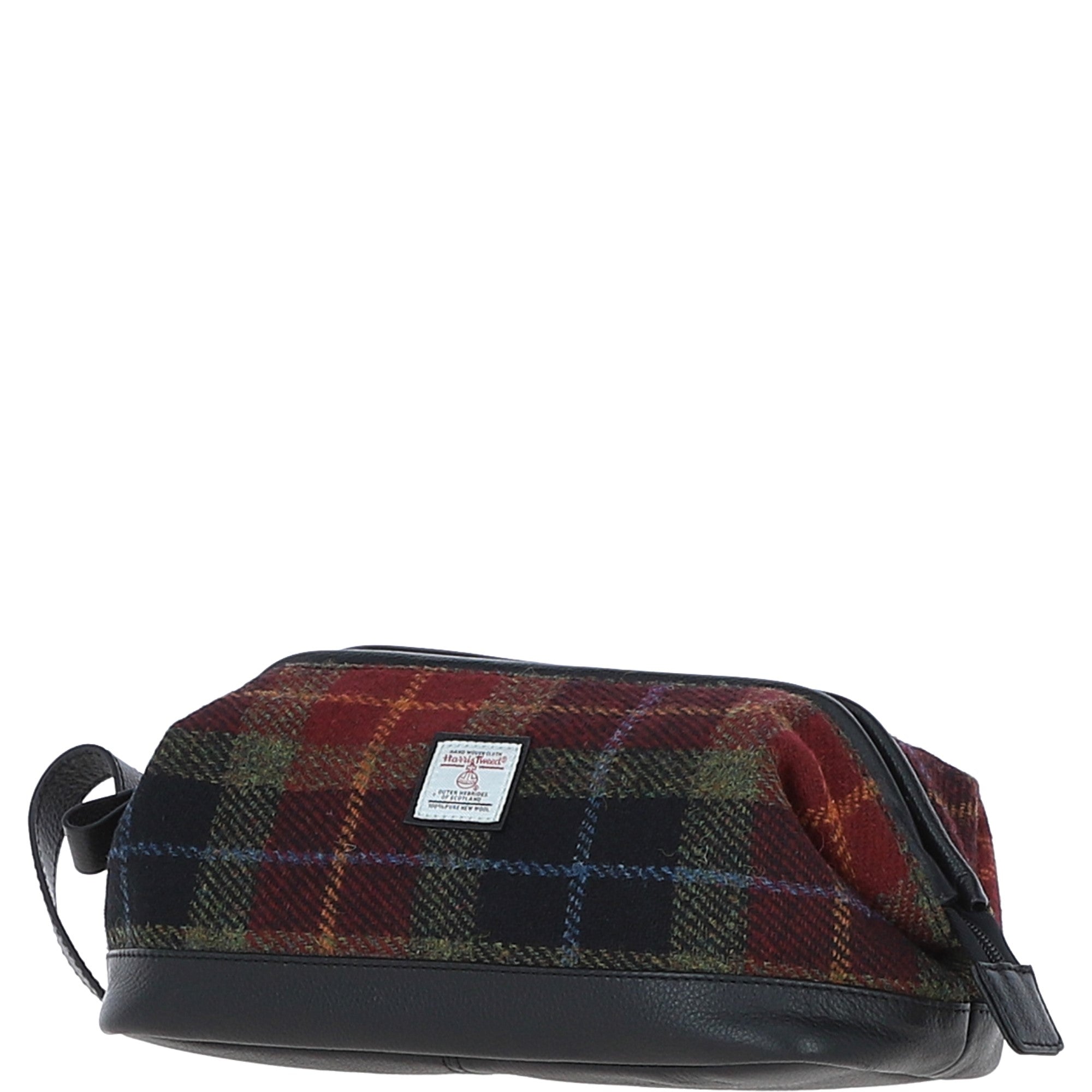 Ashwood Leather & Harris Tweed® Cloth Unisex Washbag Black/Green/Red: TW-40-07-BR