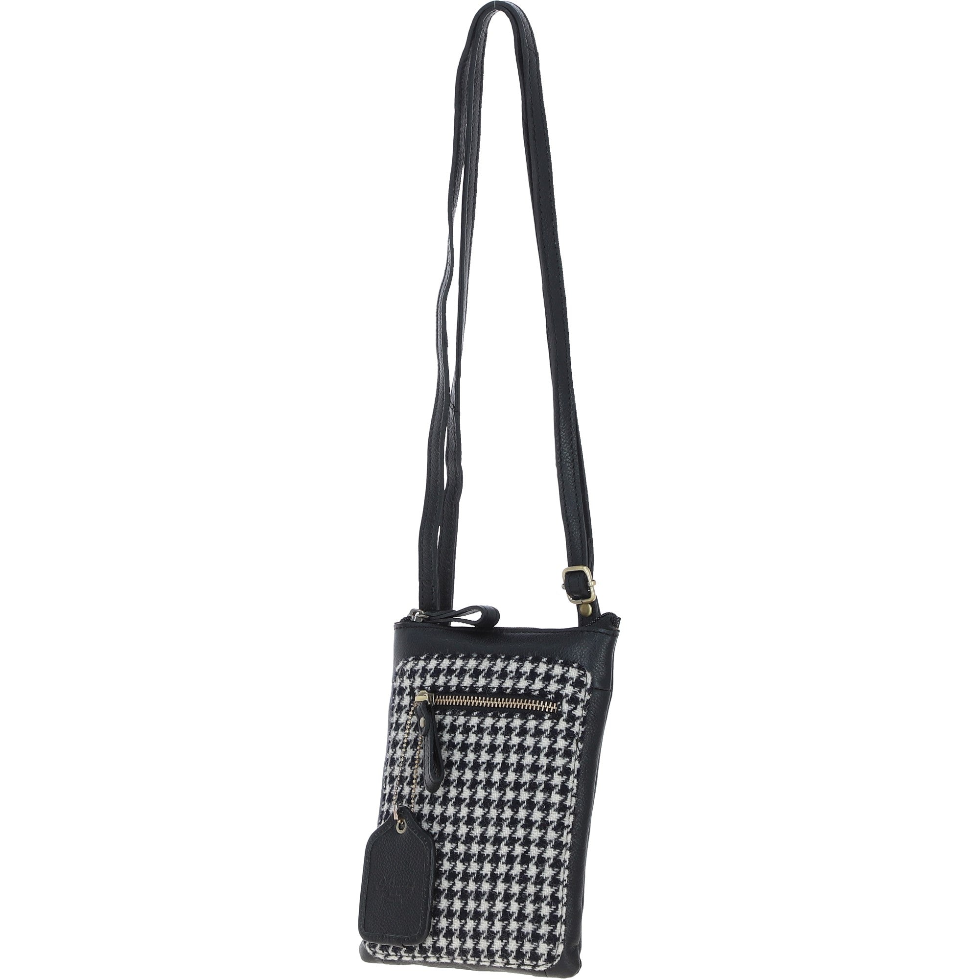 Authentic Ashwood Leather & Harris Tweed® Cloth Crossbody Bag Black/White: TW-29-012-BW