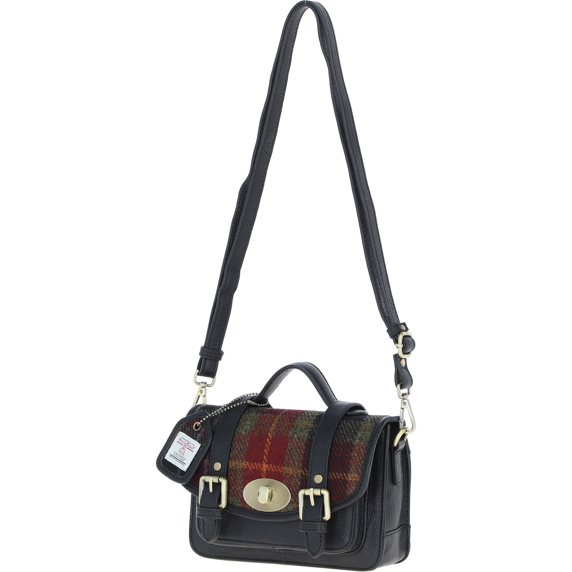 Ashwood Leather & Harris Tweed® Cloth Small Satchel Bag with Twist Lock Black/Green/Red: TW-33-07-BR