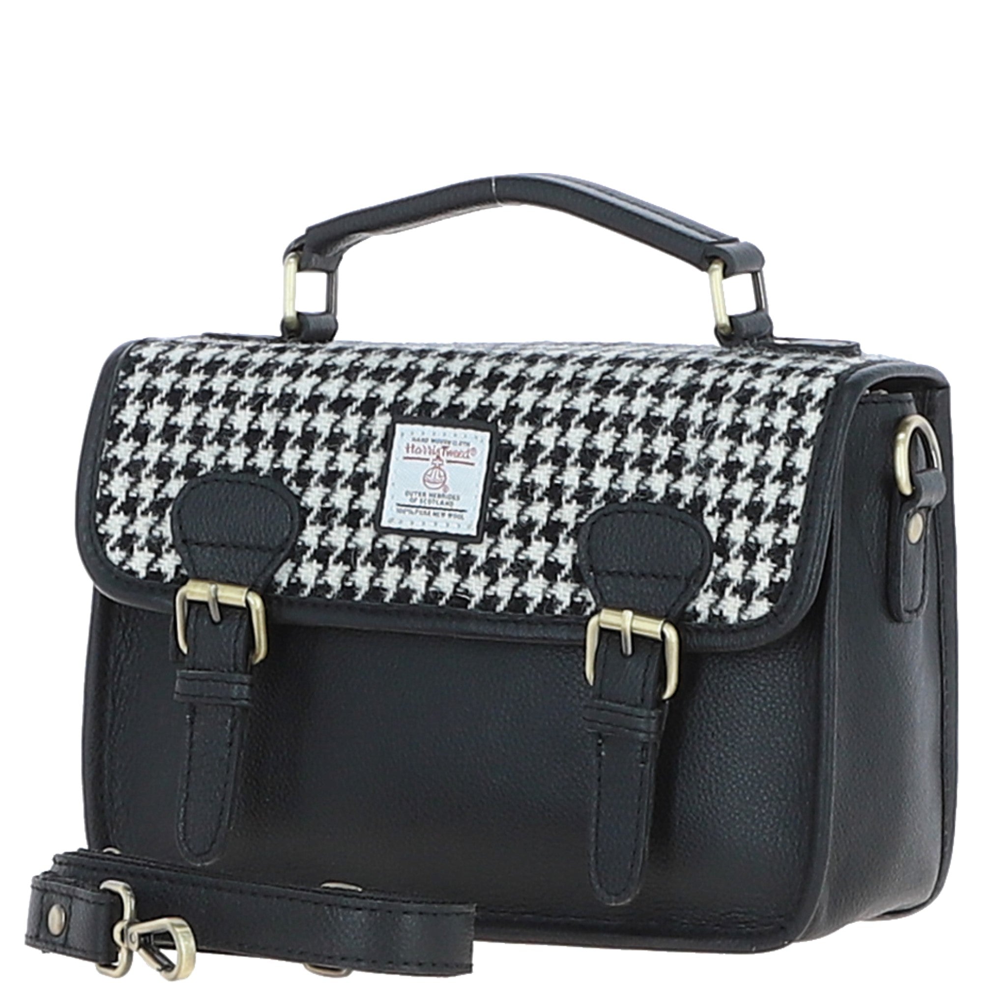 Ashwood Leather & Harris Tweed® Cloth Satchel Bag Black/White: TW-68-12-BW