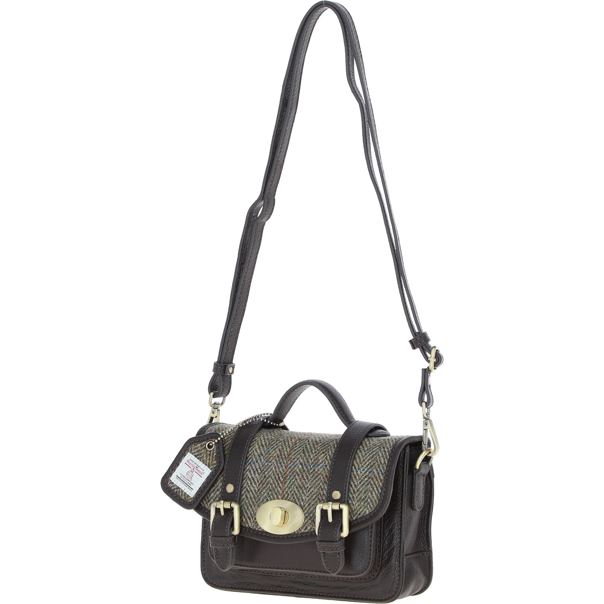 Ashwood Leather & Harris Tweed® Cloth Small Satchel Bag with Twist Lock Brown/Green: TW-33-09-BG