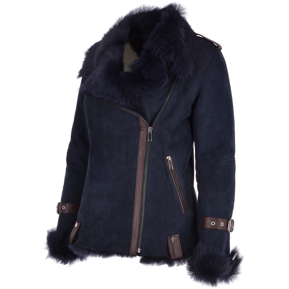 Womens Luxury Side Zip Toscana Suede Sheepskin Pilot Jacket Ombre Blue: KB-806
