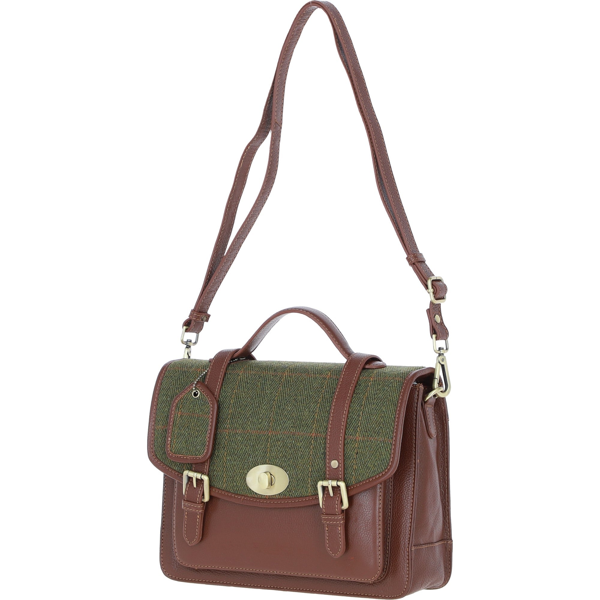 Ashwood Leather & Tweed Large Satchel Bag with Twist Lock Tan/Green Check: TW-35-10-TGNH