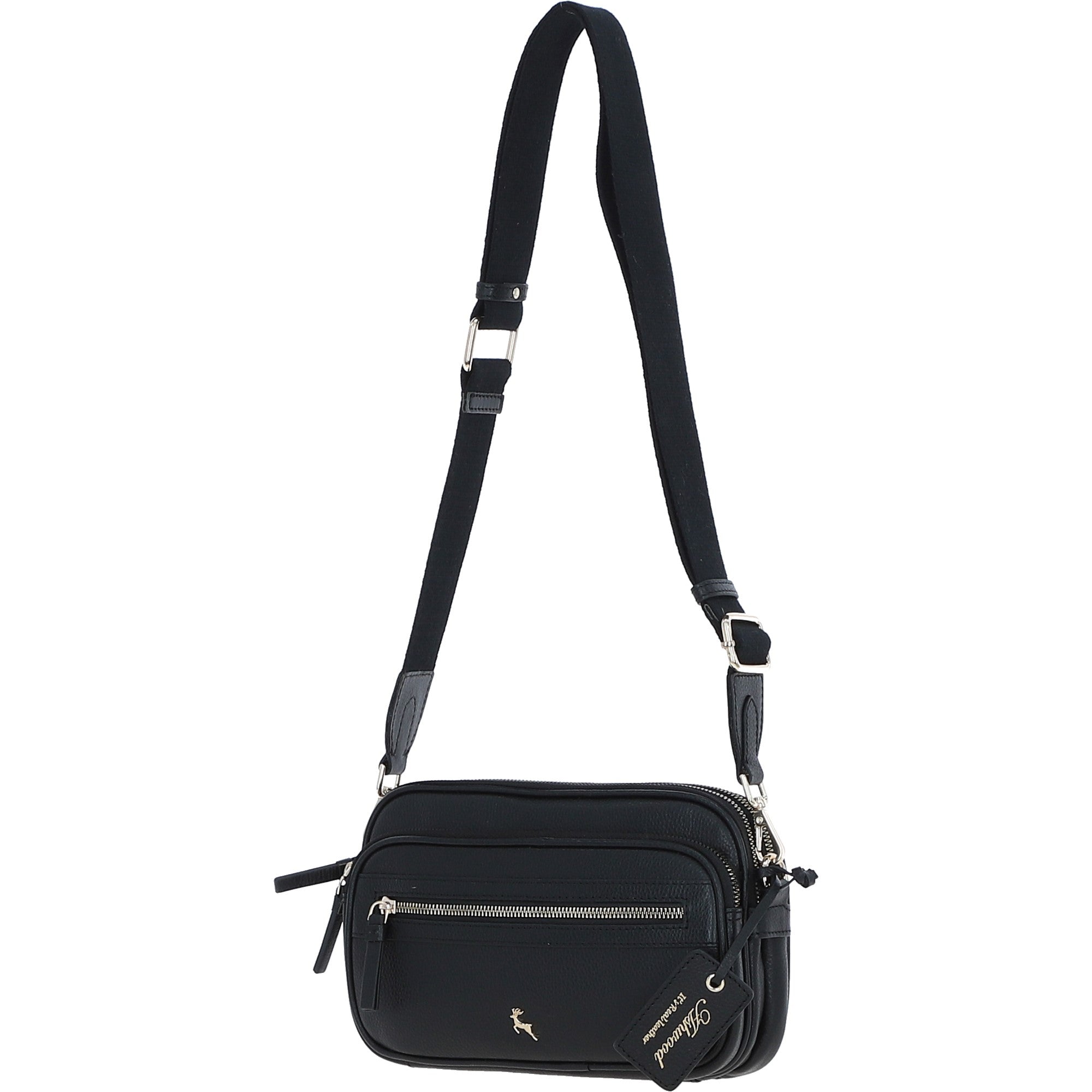 Compact Twin Zip Ashwood Leather Crossbody Bag Black: X-35