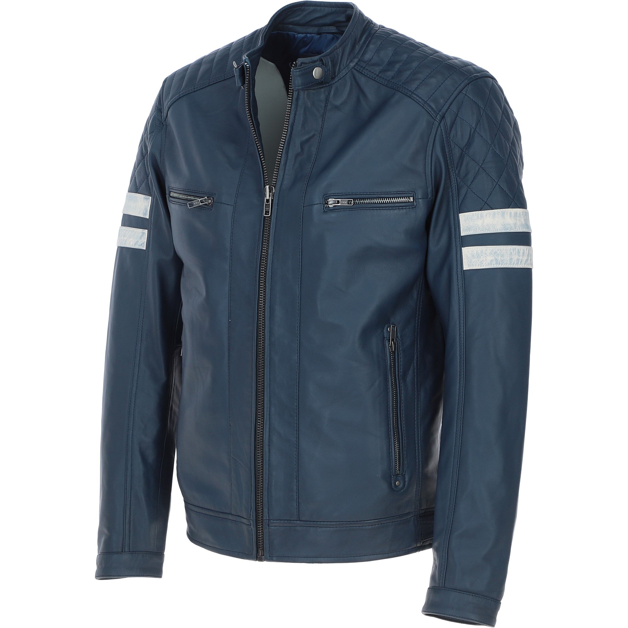 Ashwood Leather Biker Jacket with Bold Contrasting Stripe Navy: AWM-NOVA