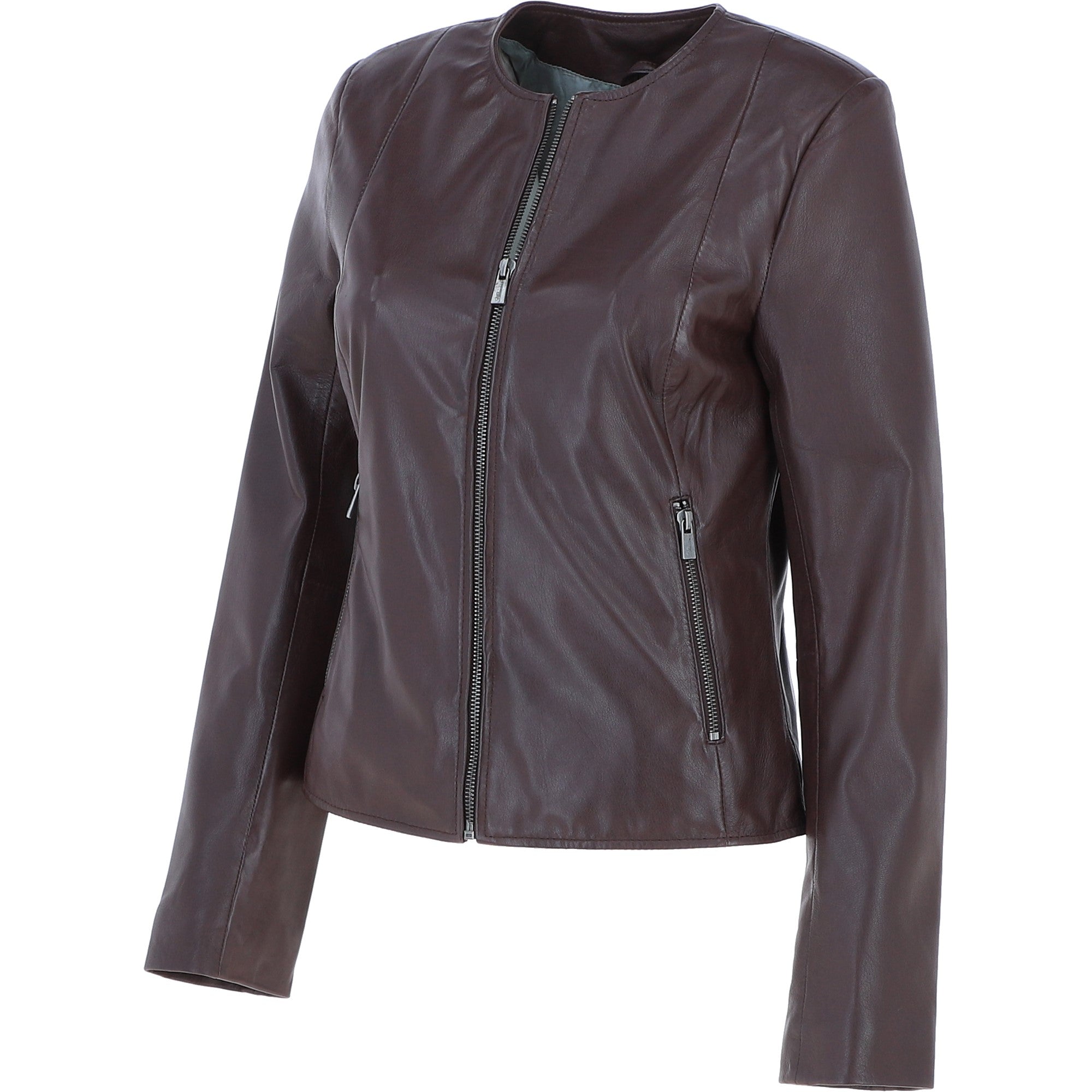 Collarless Ladies Casual Leather Jacket Borduex: AWL-1282