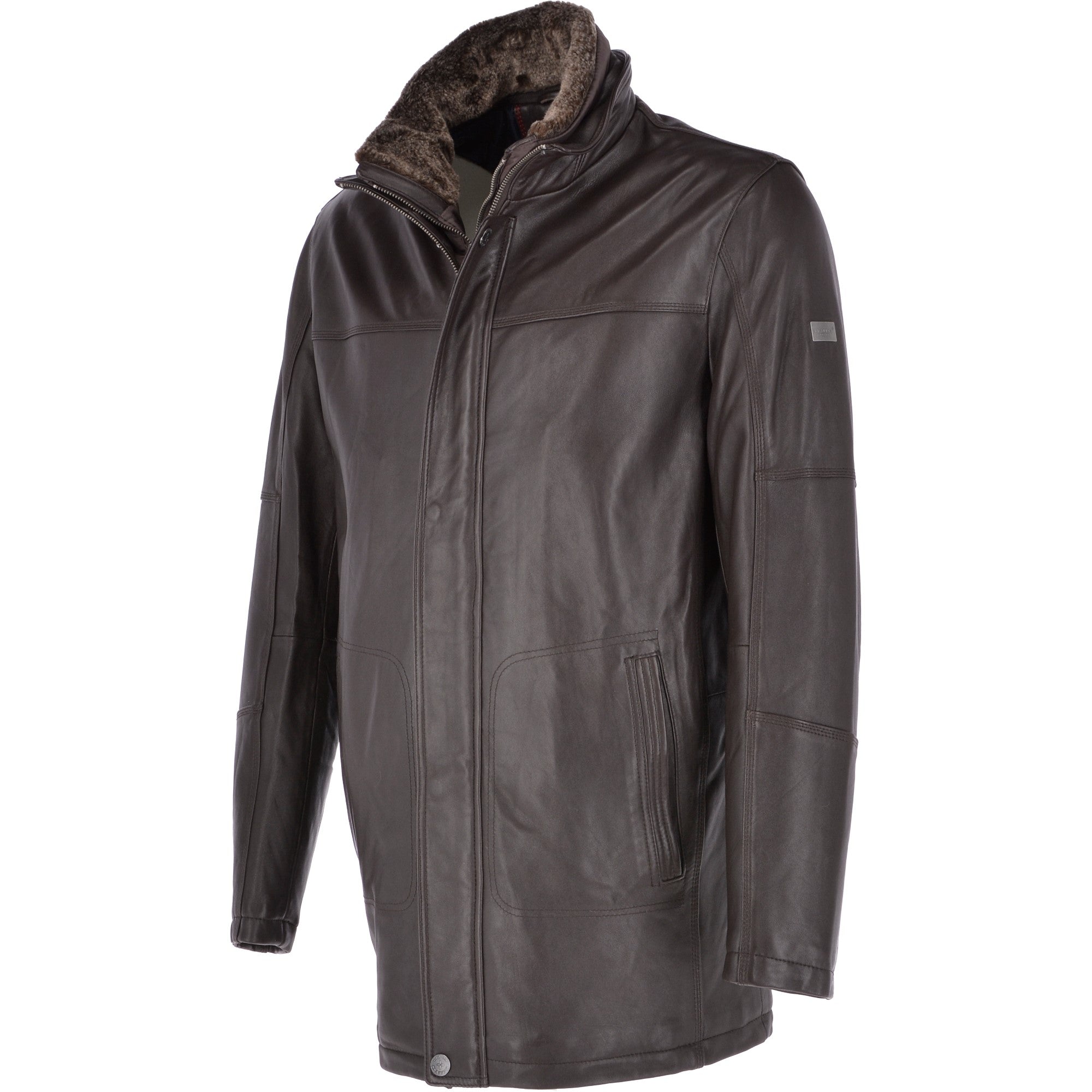Mens Leather Coat With Detachable Collar Brown : Carl