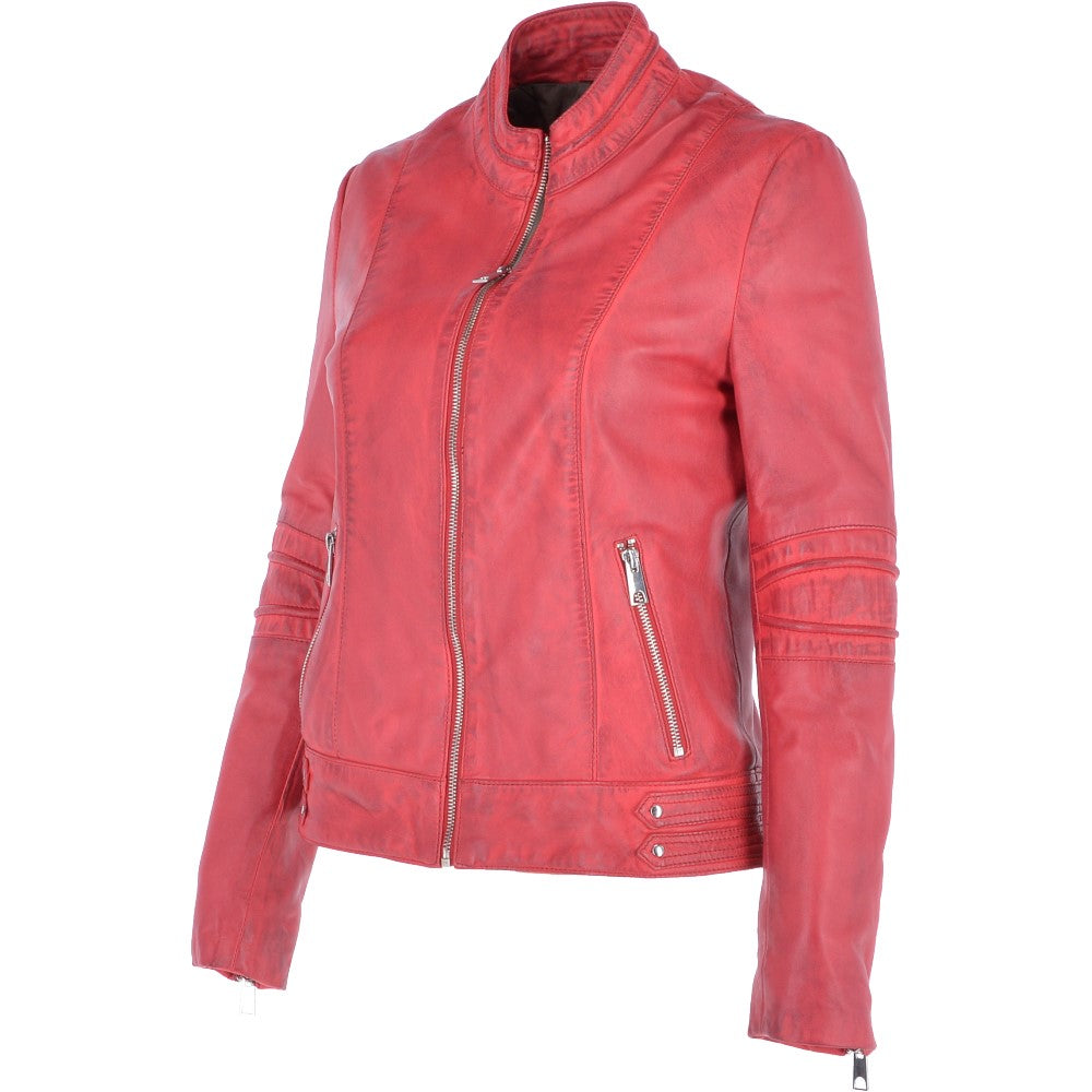 Ladies Leather Biker Jacket Raspberry: N-12