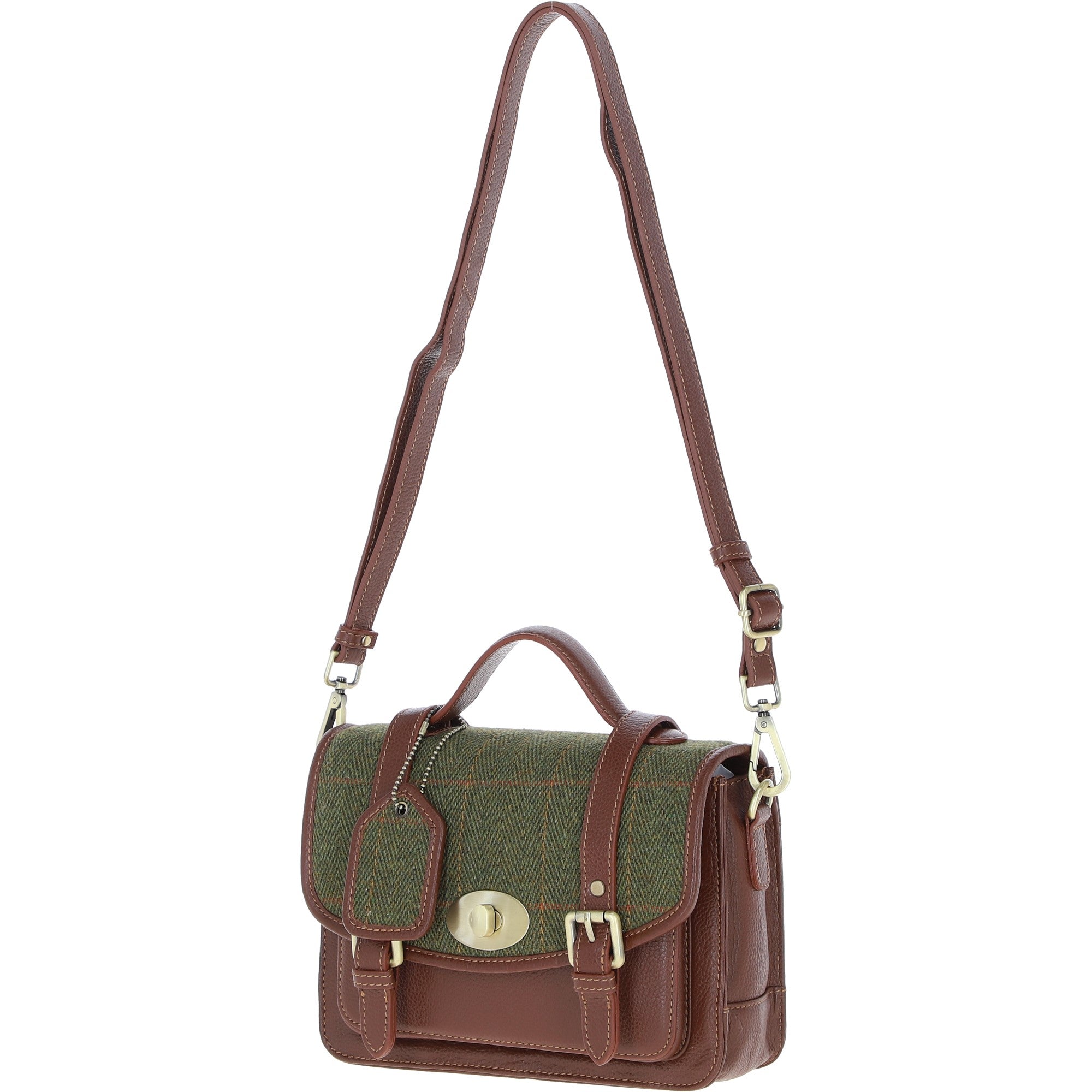 Ashwood Leather & Tweed Medium Satchel Bag with Twist Lock Tan/Green Check: TW-34-010-TGNH