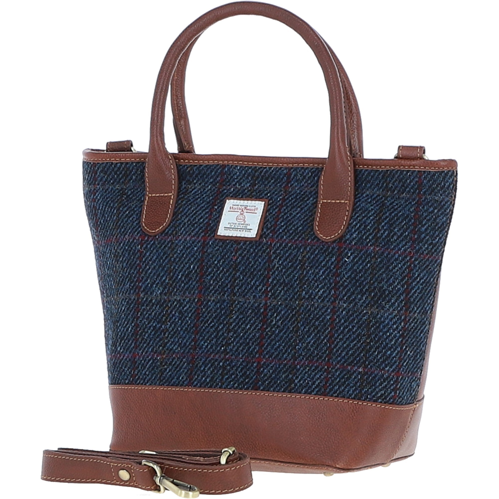 Ashwood Leather & Harris Tweed® Cloth Large Grab Bag  Tan/Navy: TW-64-11-TN