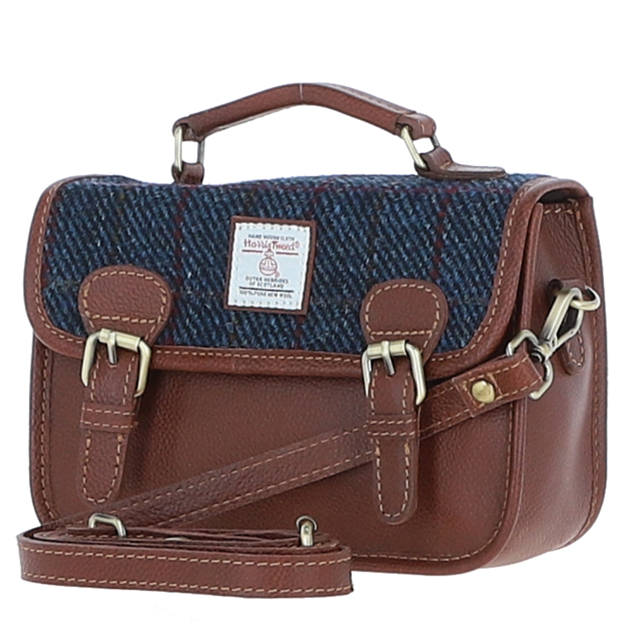 Ashwood Leather & Harris Tweed® Cloth Small Satchel Bag Tan/Navy: TW-67-11-TN