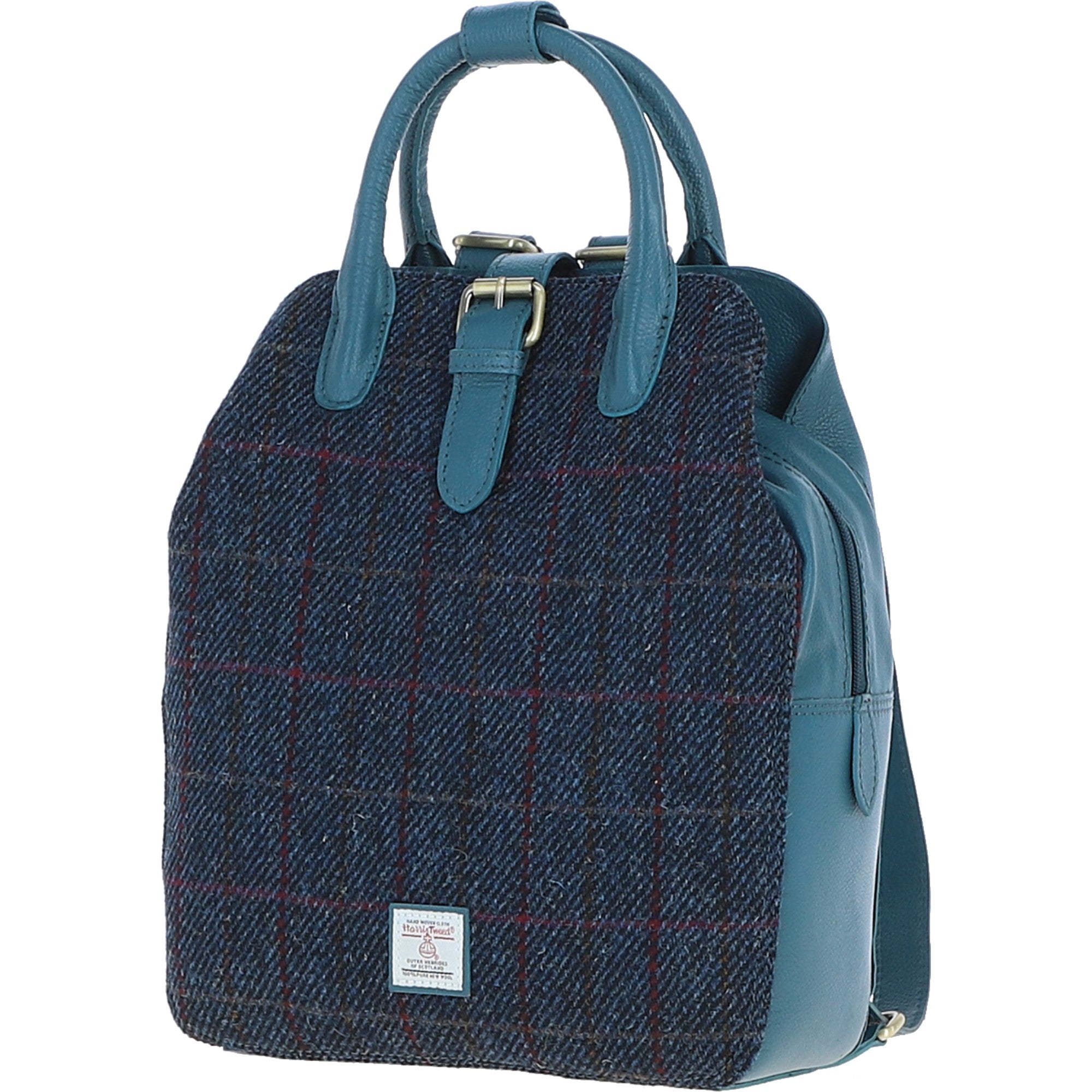 Ashwood Leather & Harris Tweed® Cloth Multi-Pocket Backpack Teal/Navy: TW-66-16-TN